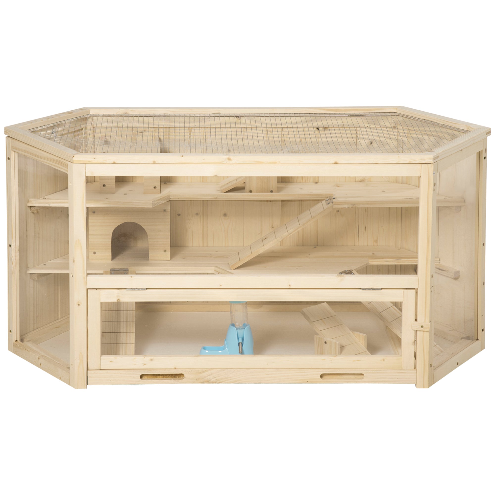 Hamster Cage made of Wood 3 Levels Terrarium Rodent Cage Small Animal Cage with Folding Lid Viewing Window Ramp Feeding Bowl Accessories, Small Animal House Wooden Cage Cage for Hamster 115x60x55cm Natural Wood