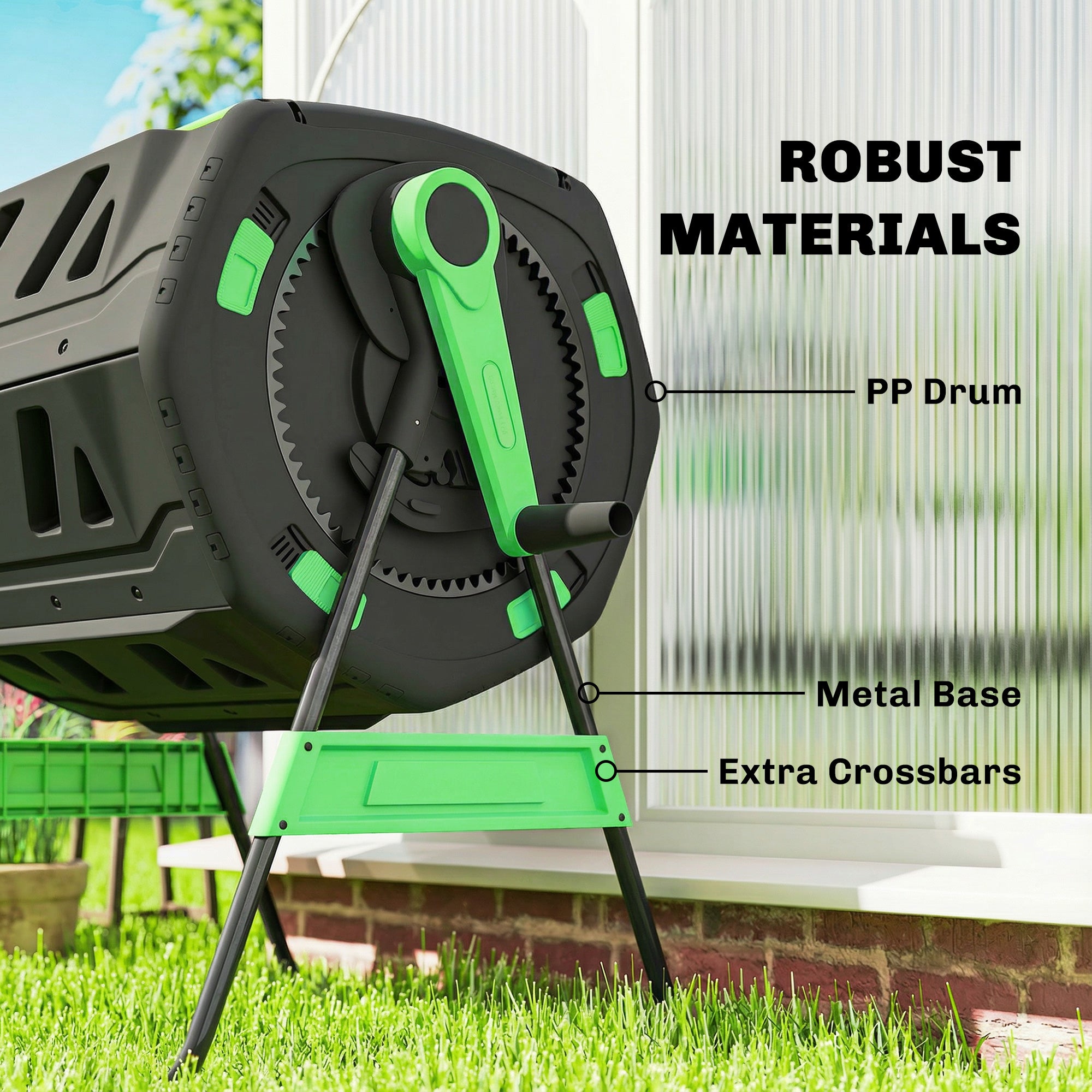 200 L (≈53 US gal) Compost Tumbler, 94 x 67 x 98 cm (37 x 26.4 x 38.6 in) – Fast Compost Bin with Ventilation Holes & Sliding Door, Weather-Resistant Plastic