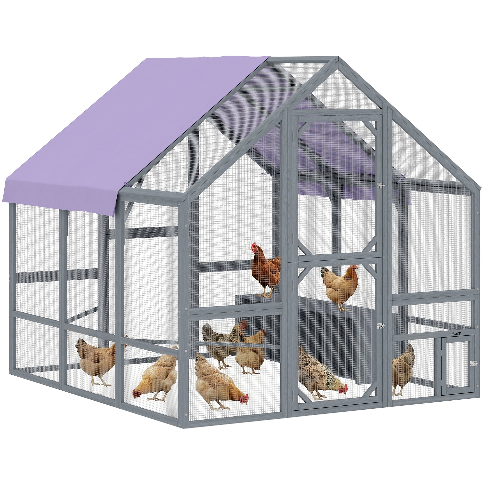Walk-In Chicken Run — approx. 43 sq ft (4 m²), Weatherproof Cover, 2 Nest Boxes & 2 Perches, Safety Lock — Fits 8–10 Hens, Dark Gray