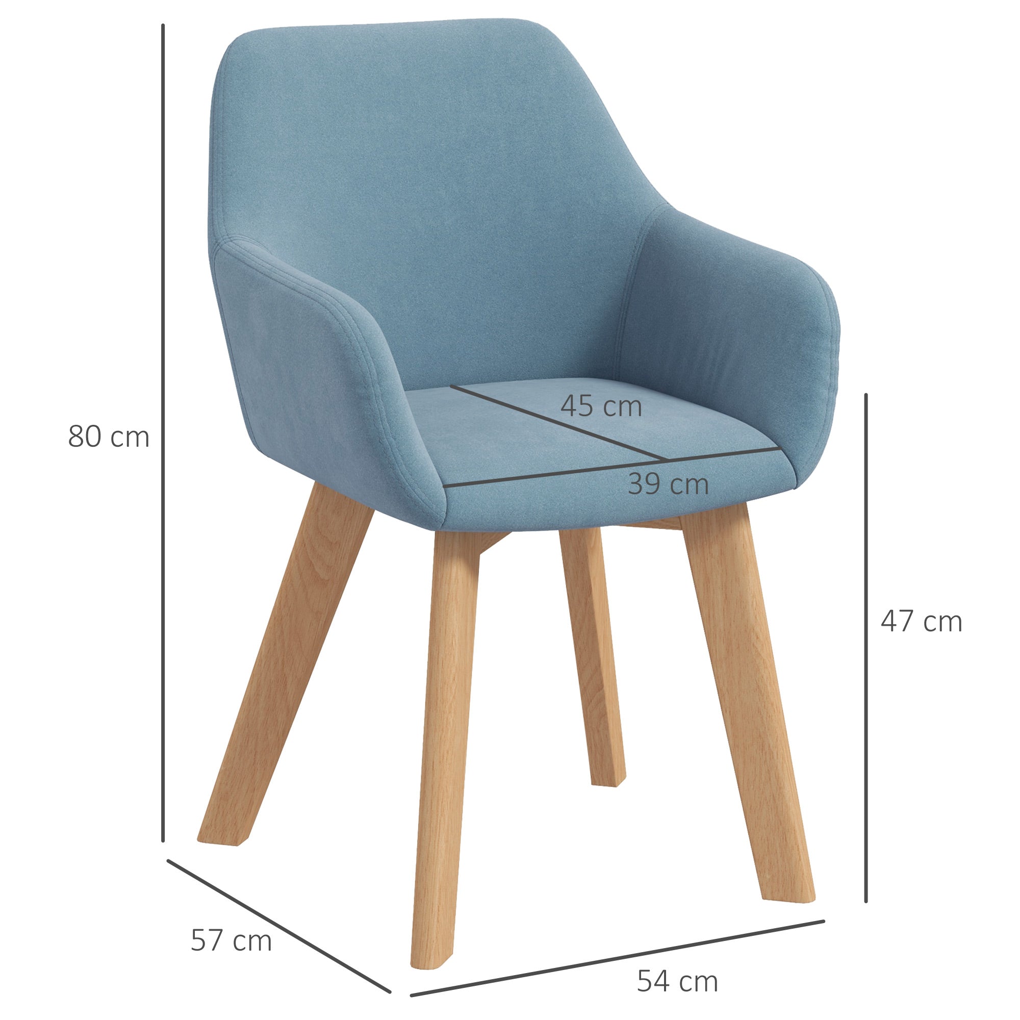 Set of 2 Modern Dining Chairs Kitchen Chairs Upholstered in Velvet with Backrest Armrests and Rubber Wood Legs 120 kg Load for Living Room Bedroom 54x57x80 cm Light Blue
