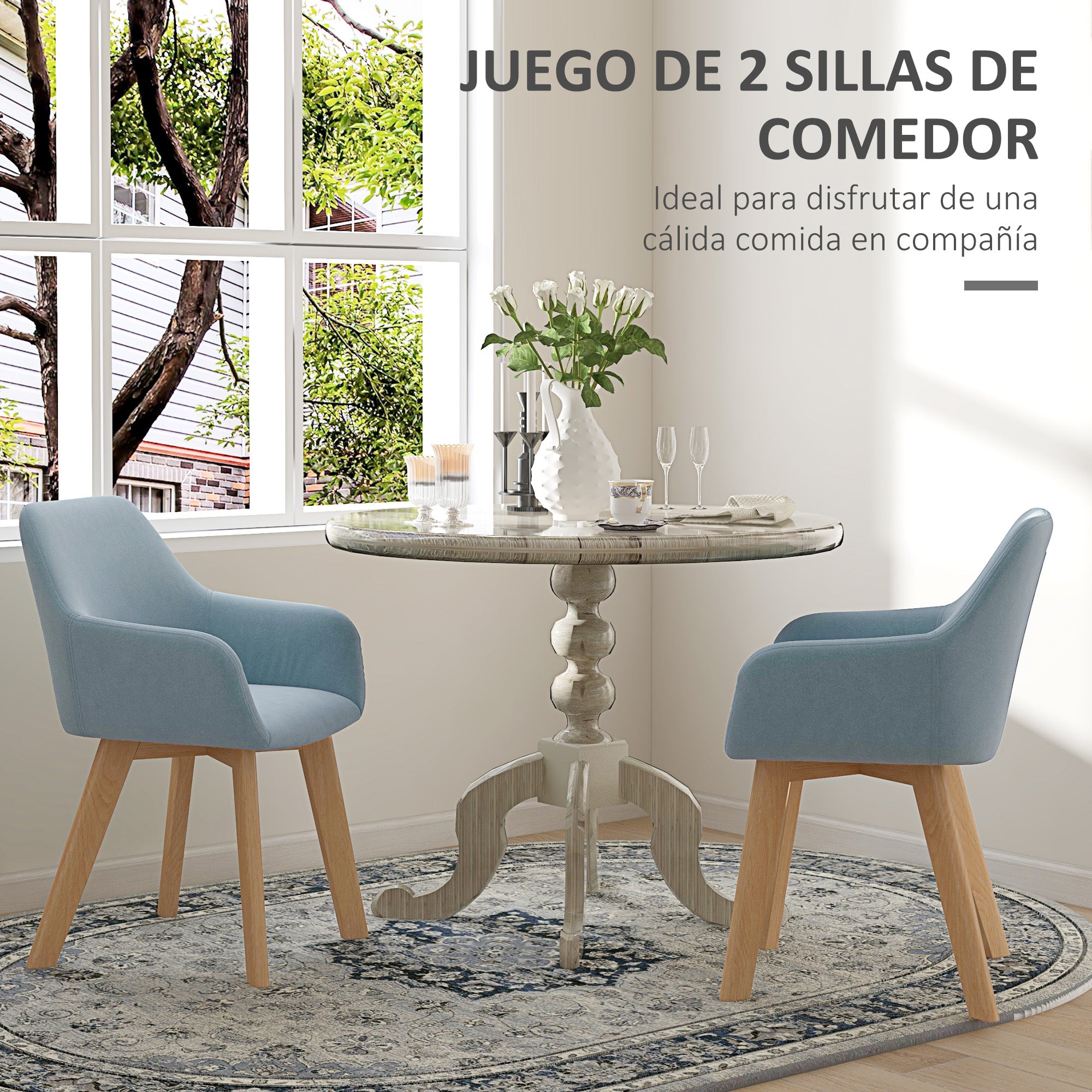 Set of 2 Modern Dining Chairs Kitchen Chairs Upholstered in Velvet with Backrest Armrests and Rubber Wood Legs 120 kg Load for Living Room Bedroom 54x57x80 cm Light Blue