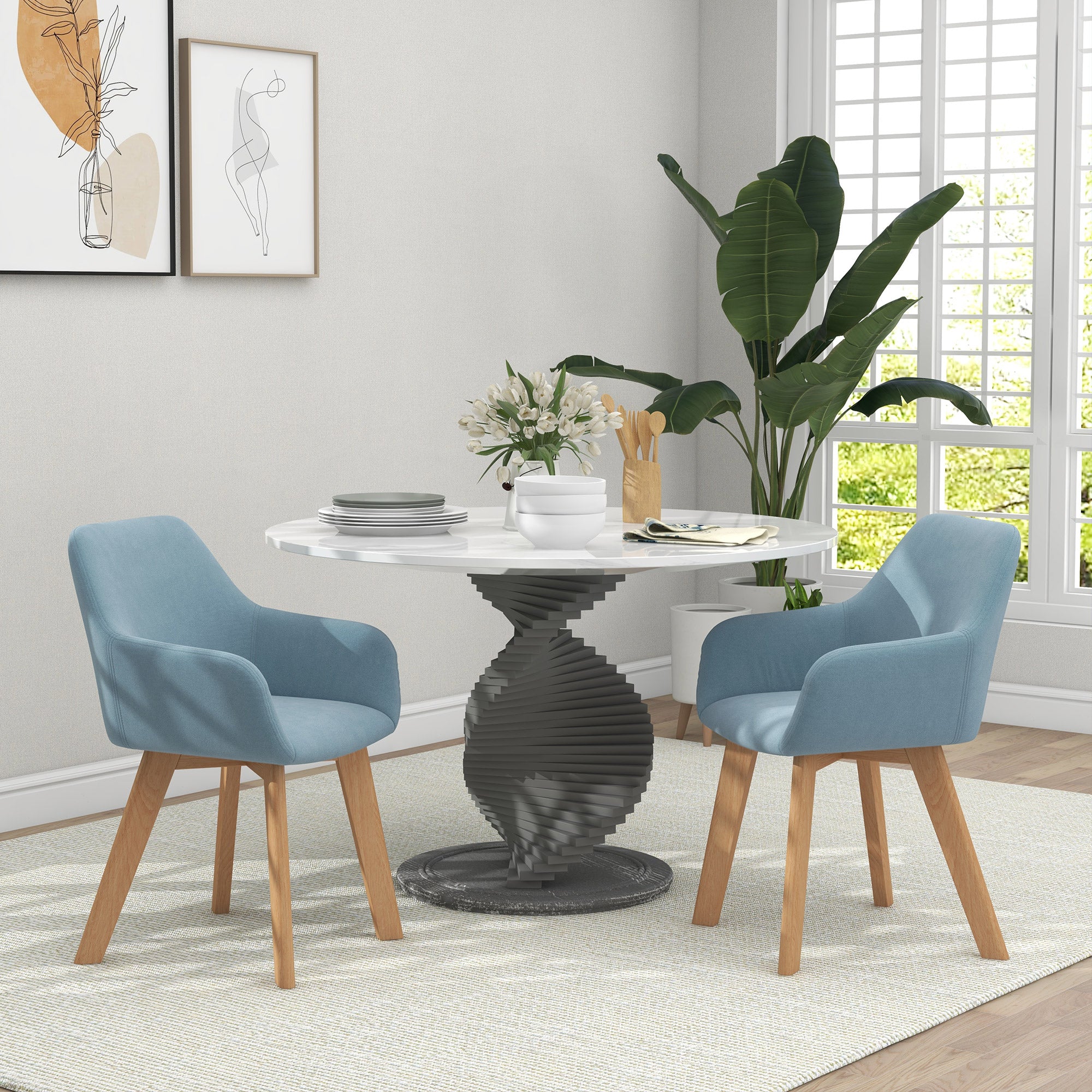 Set of 2 Modern Dining Chairs Kitchen Chairs Upholstered in Velvet with Backrest Armrests and Rubber Wood Legs 120 kg Load for Living Room Bedroom 54x57x80 cm Light Blue
