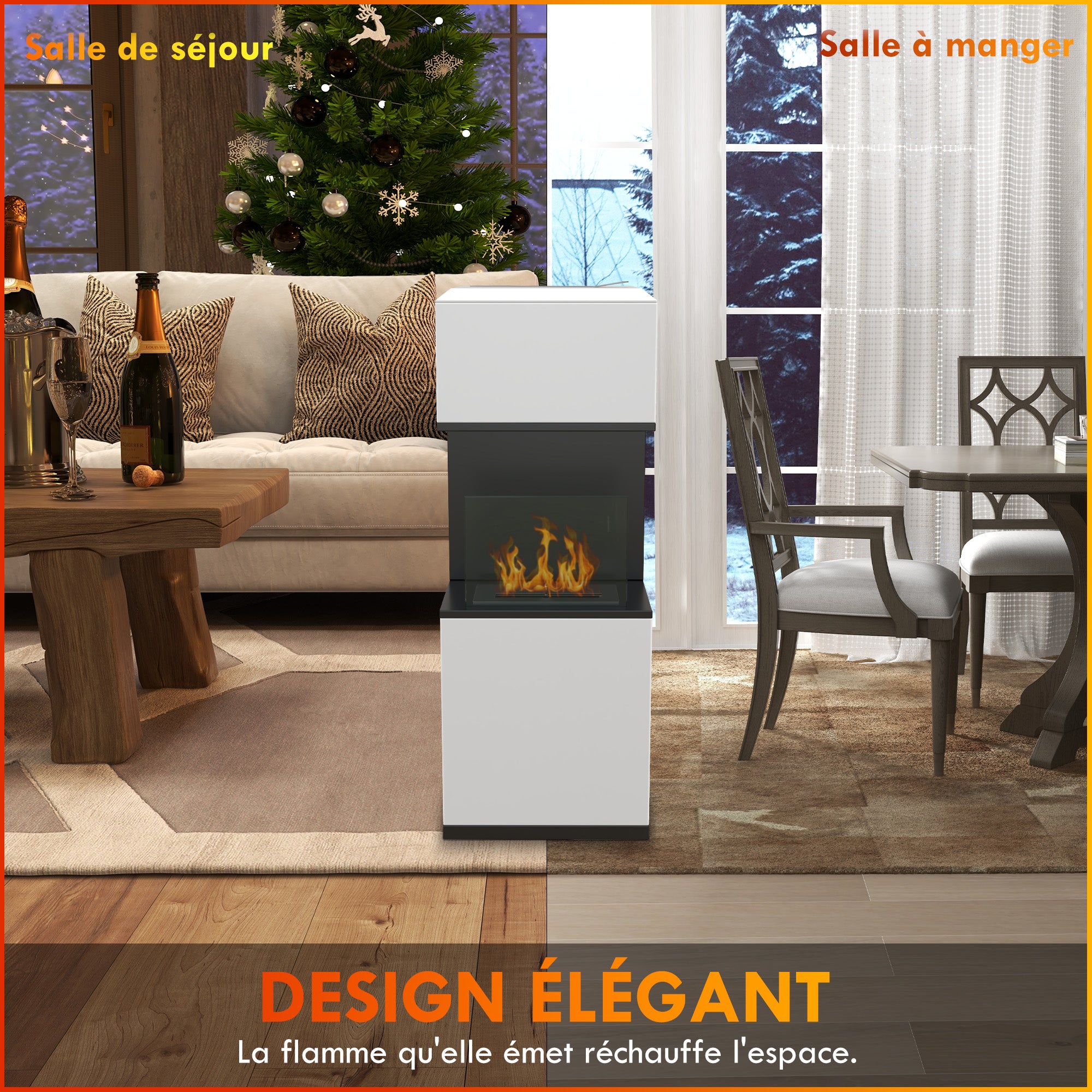Freestanding Bioethanol Fireplace with 1.2L Burner, about 3H of burning time coverage 20 to 25 m² in steel 38L x 38W x 100H cm, white
