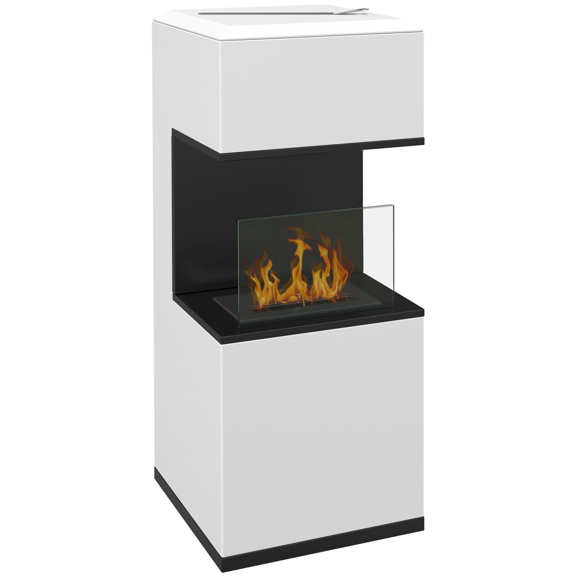 Freestanding Bioethanol Fireplace with 1.2L Burner, about 3H of burning time coverage 20 to 25 m² in steel 38L x 38W x 100H cm, white