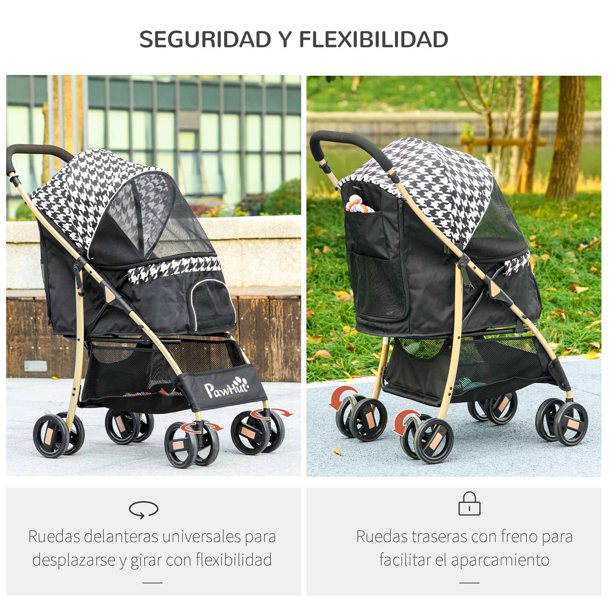 Folding Dog Stroller Pet Carriage with 2 Doors Mesh Window Storage Basket Safety Leash and Cushion Load 15 kg 80x44.5x97 cm Black