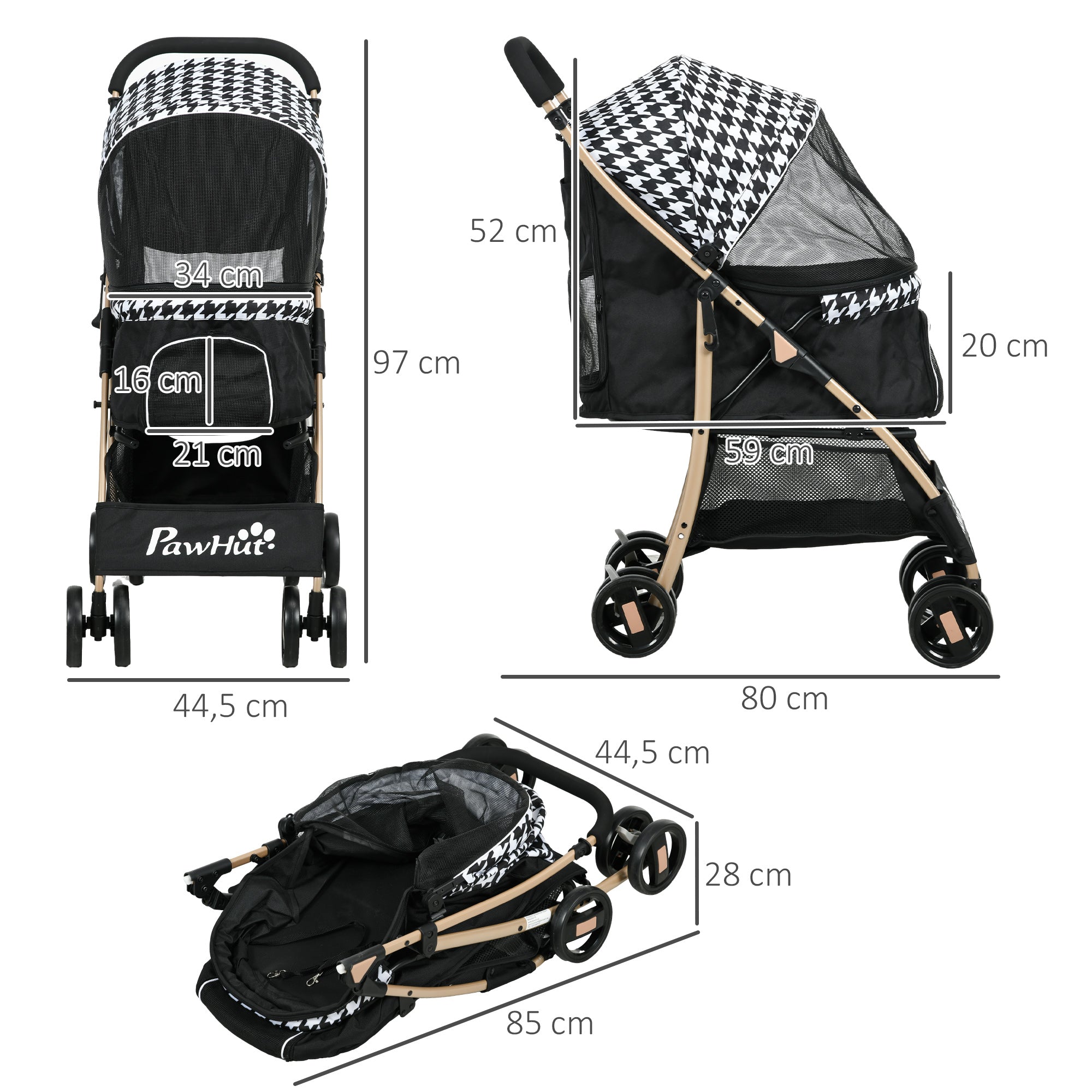 Folding Dog Stroller Pet Carriage with 2 Doors Mesh Window Storage Basket Safety Leash and Cushion Load 15 kg 80x44.5x97 cm Black