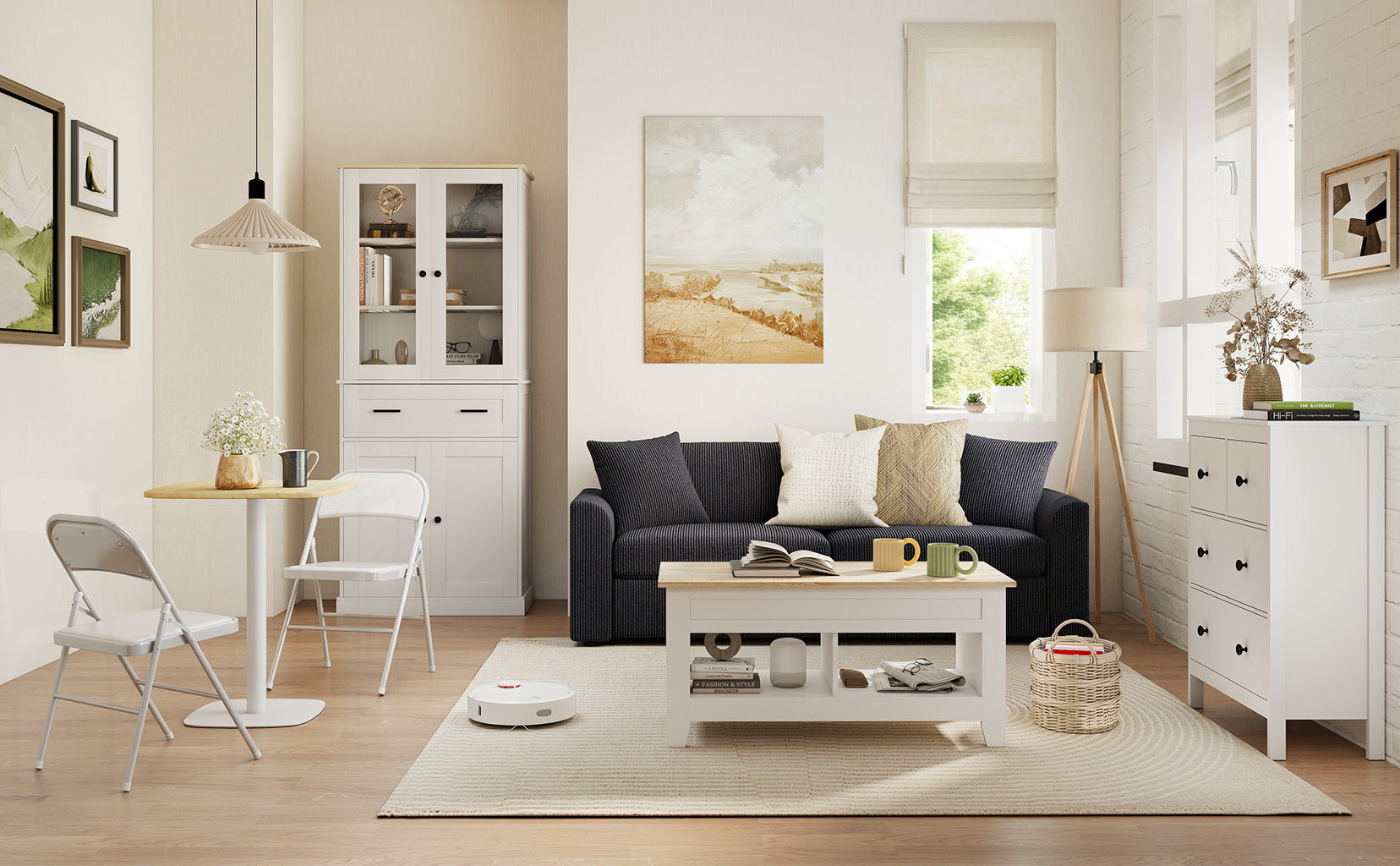 Modern living room with a sofa, coffee table, and dining area.