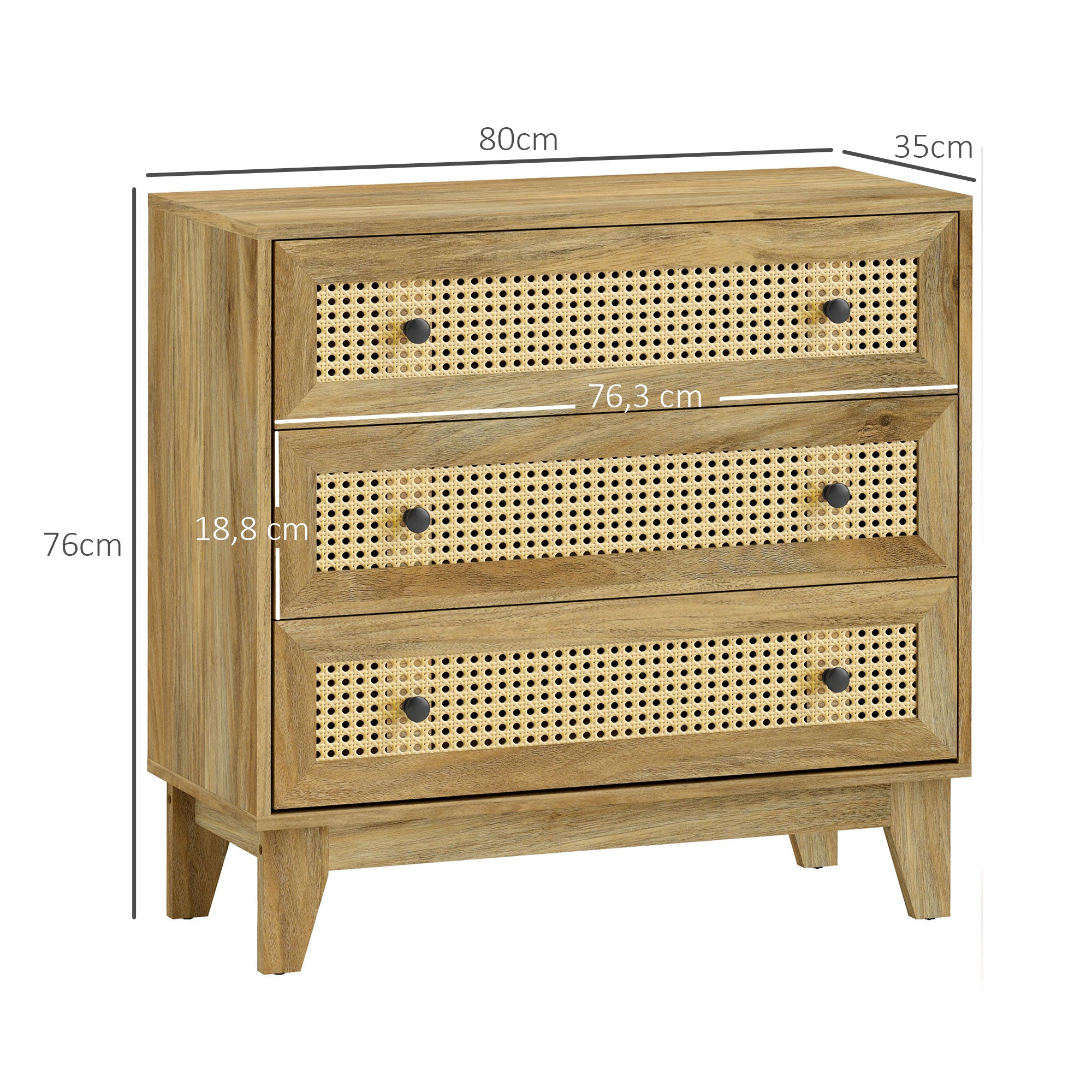 3-Drawer Chest Storage Cabinet with Rattan Cane 80 x 35 x 76 cm Light Wood Look