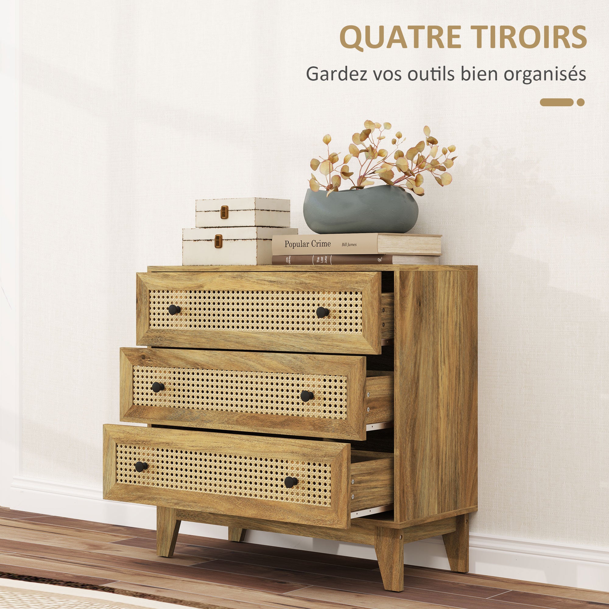 3-Drawer Chest Storage Cabinet with Rattan Cane 80 x 35 x 76 cm Light Wood Look