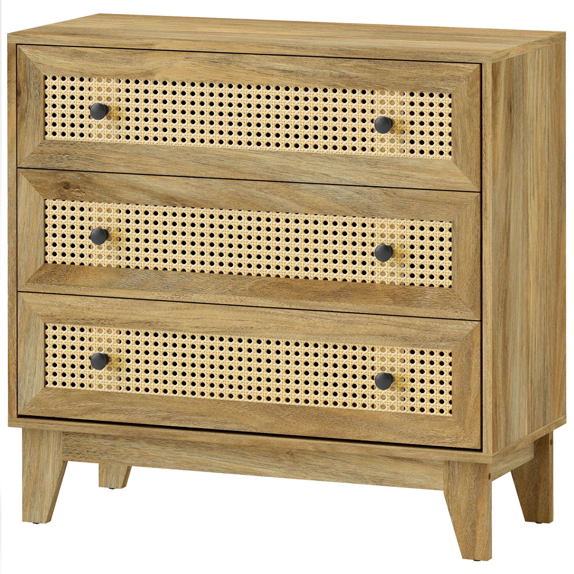 3-Drawer Chest Storage Cabinet with Rattan Cane 80 x 35 x 76 cm Light Wood Look