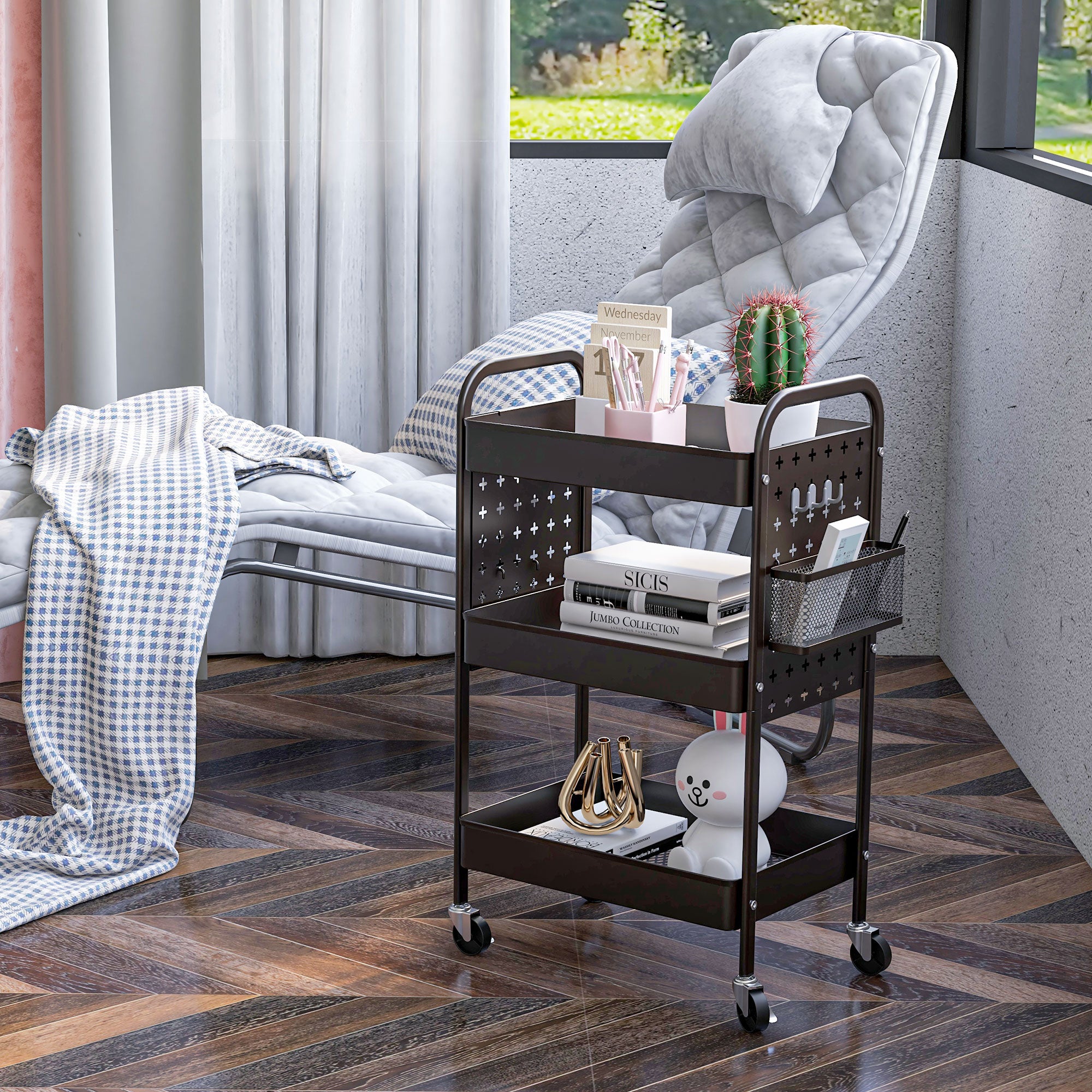 Trolley Cart, Serving Cart with 3 Shelves, 2 Hanging Baskets, Storage Cart with Handle, Kitchen Cart, Side Cart for Kitchen, Living Room, Steel, Black