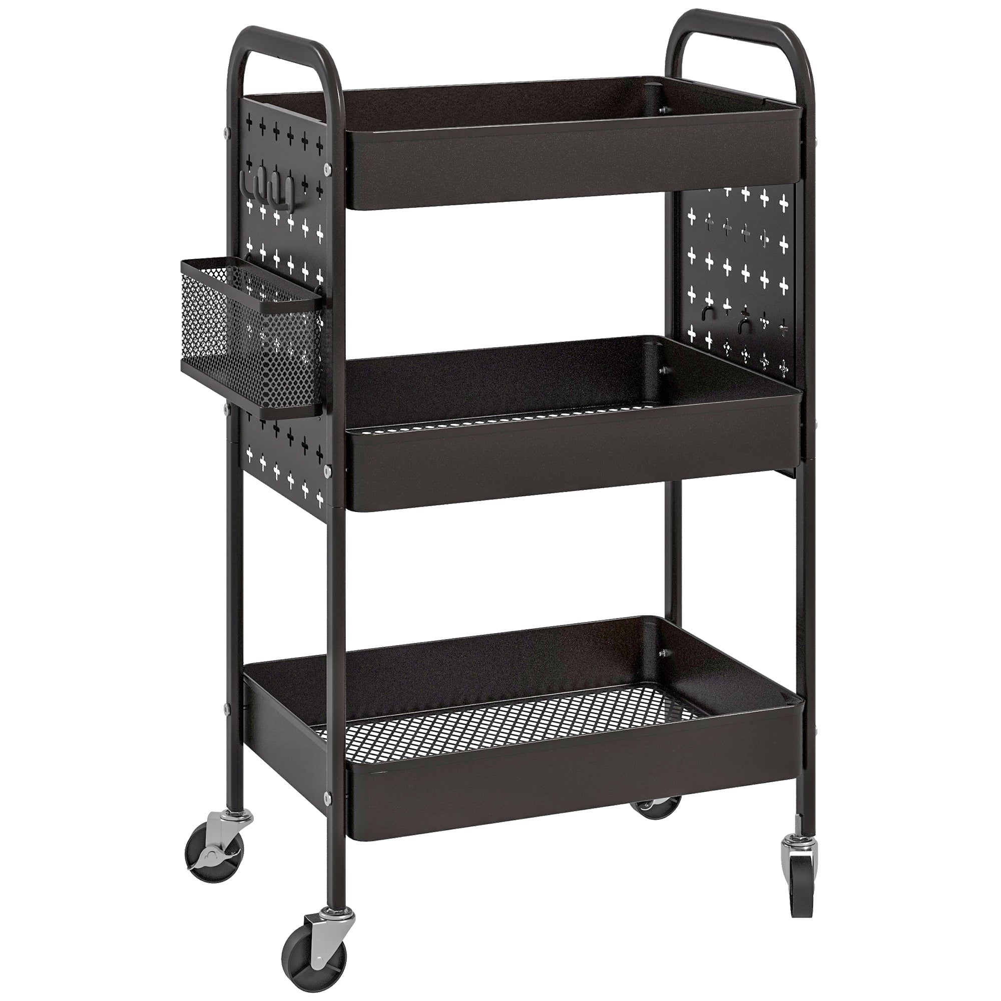 Trolley Cart, Serving Cart with 3 Shelves, 2 Hanging Baskets, Storage Cart with Handle, Kitchen Cart, Side Cart for Kitchen, Living Room, Steel, Black