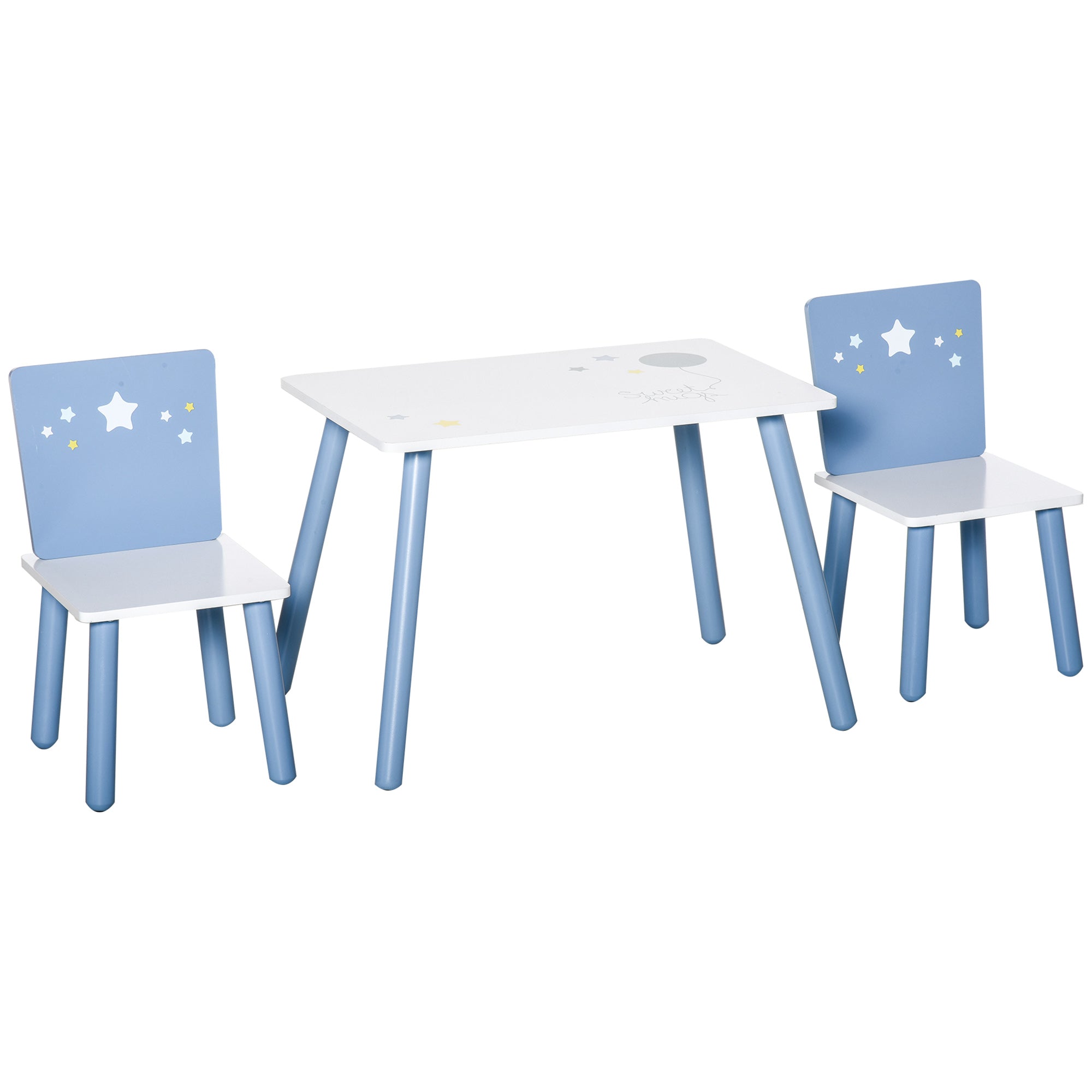 Children's Table and 2 Chairs Set Wooden Table with Chairs for Kids 2-4 Years Table 60x40x43 cm and Chairs 28x26x48 cm for Bedroom Living Room White and Blue