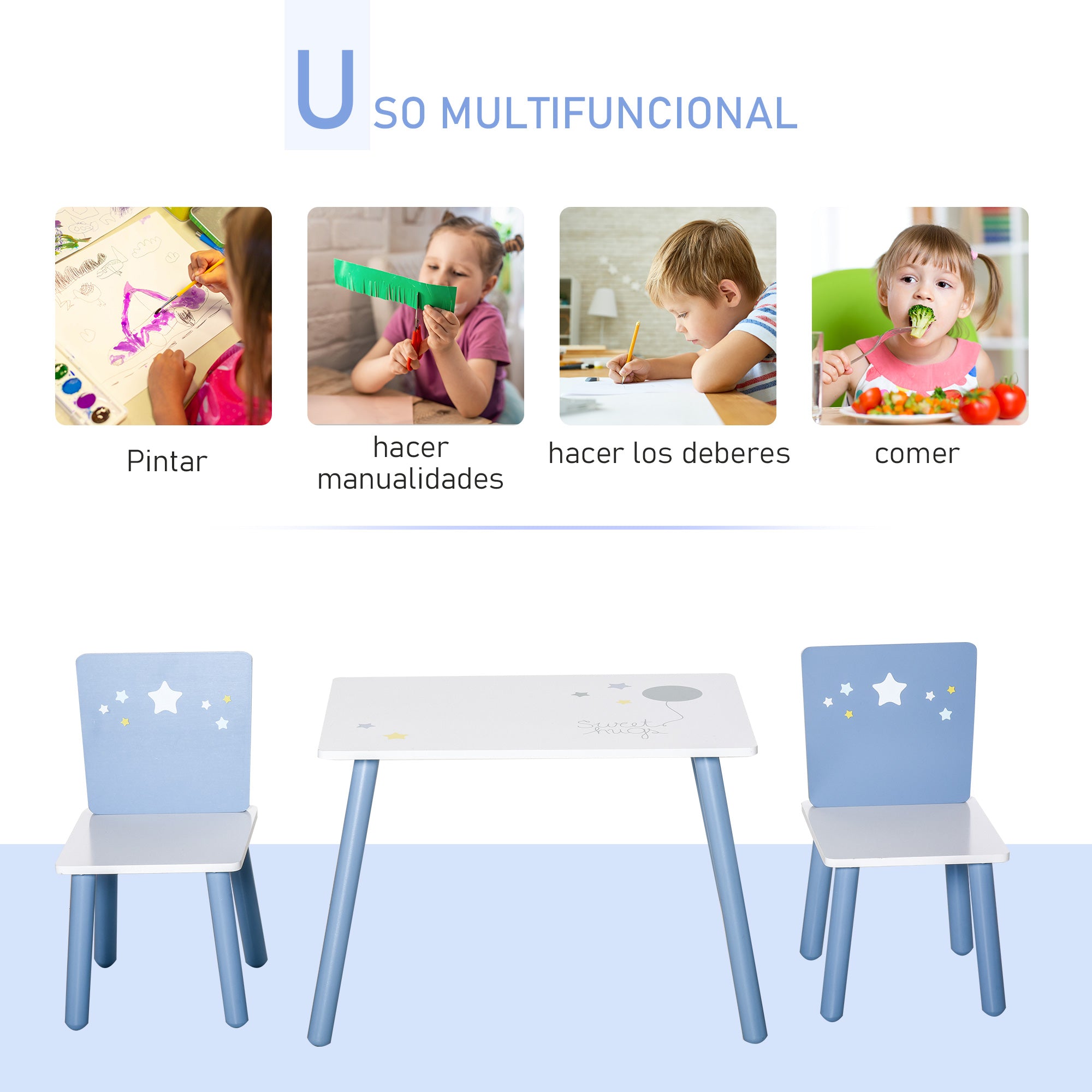 Children's Table and 2 Chairs Set Wooden Table with Chairs for Kids 2-4 Years Table 60x40x43 cm and Chairs 28x26x48 cm for Bedroom Living Room White and Blue