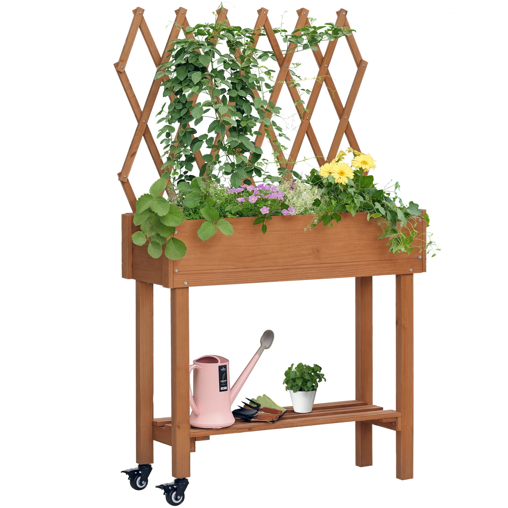 Raised Garden Bed with Trellis, Flower Box with Shelf, Plant Pot with Wheels, Planter Box for Terrace, Balcony, Solid Wood, Brown, 79 x 29 x 130 cm