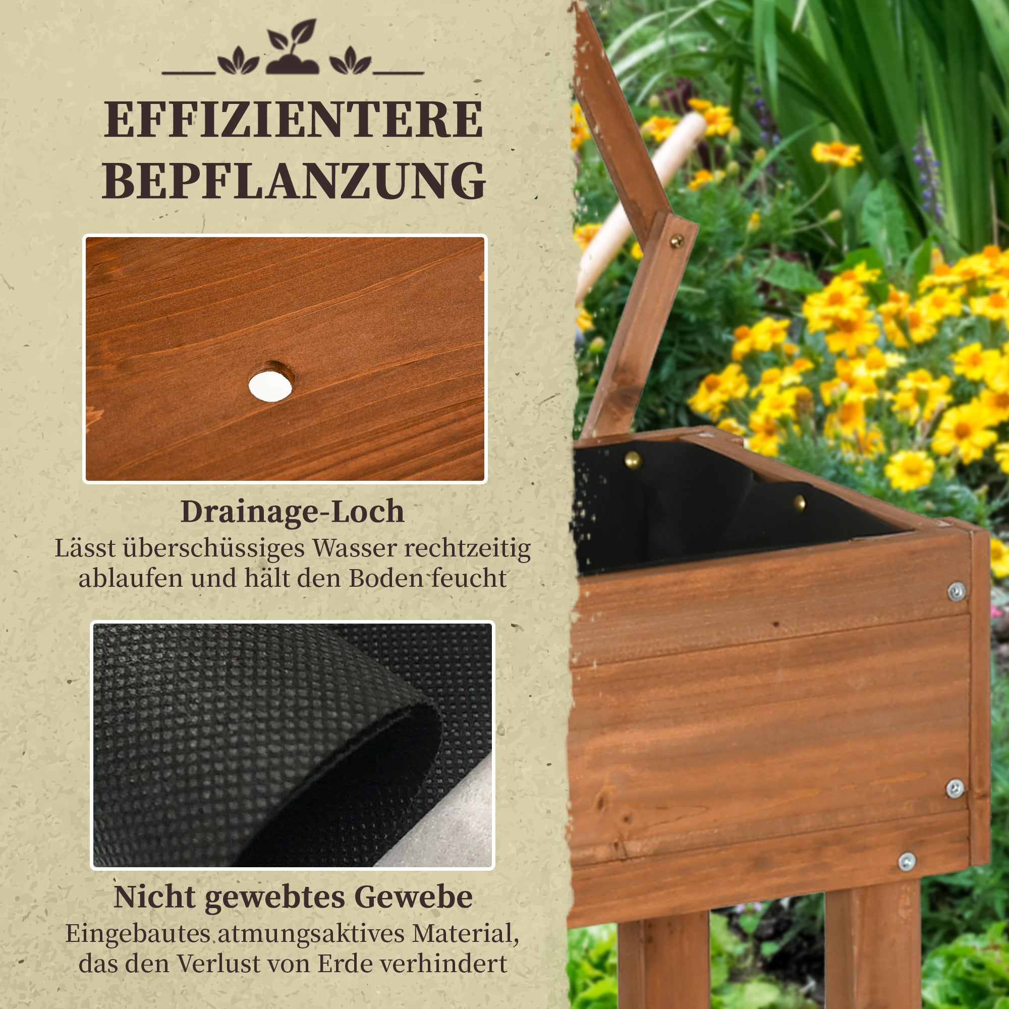 Raised Garden Bed with Trellis, Flower Box with Shelf, Plant Pot with Wheels, Planter Box for Terrace, Balcony, Solid Wood, Brown, 79 x 29 x 130 cm