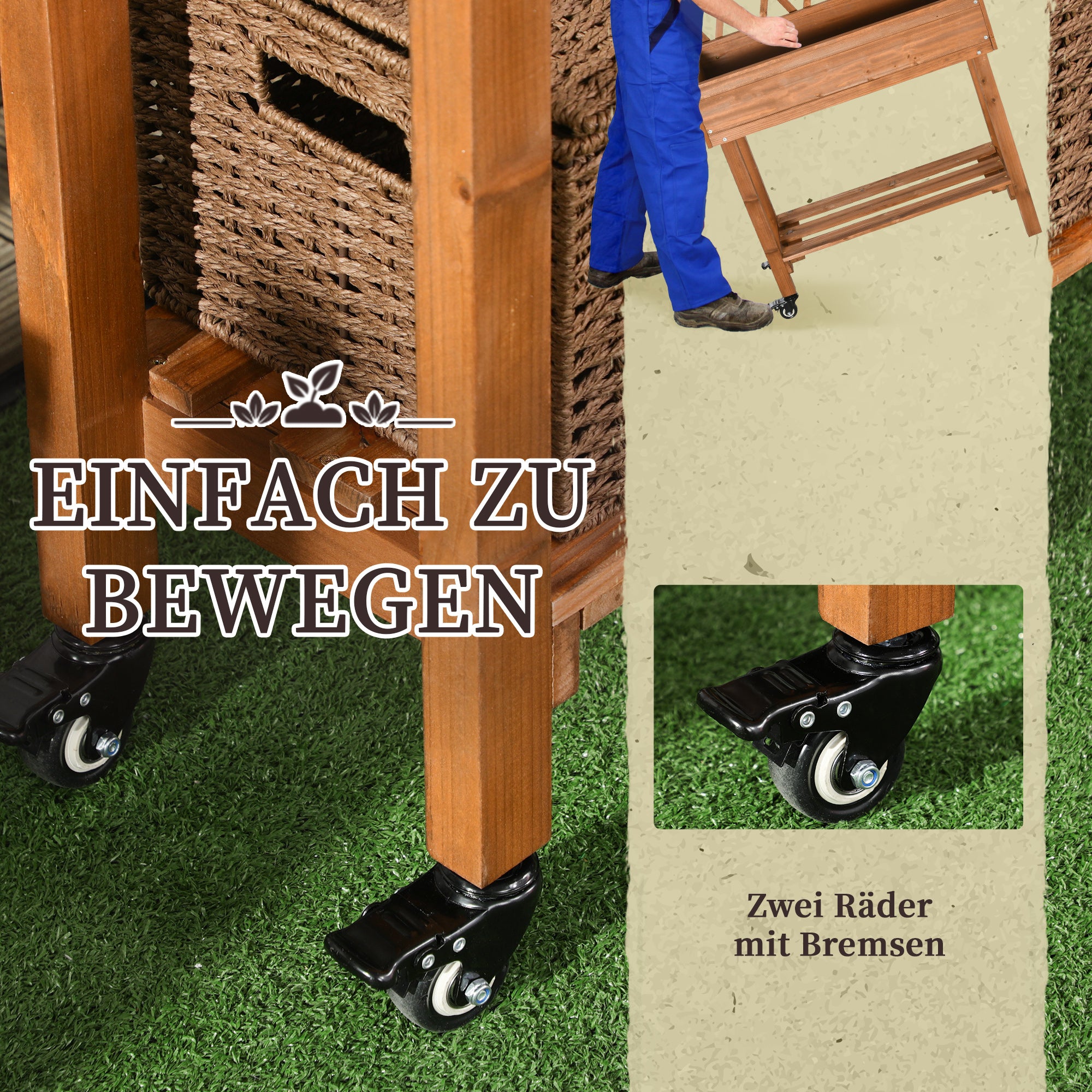 Raised Garden Bed with Trellis, Flower Box with Shelf, Plant Pot with Wheels, Planter Box for Terrace, Balcony, Solid Wood, Brown, 79 x 29 x 130 cm