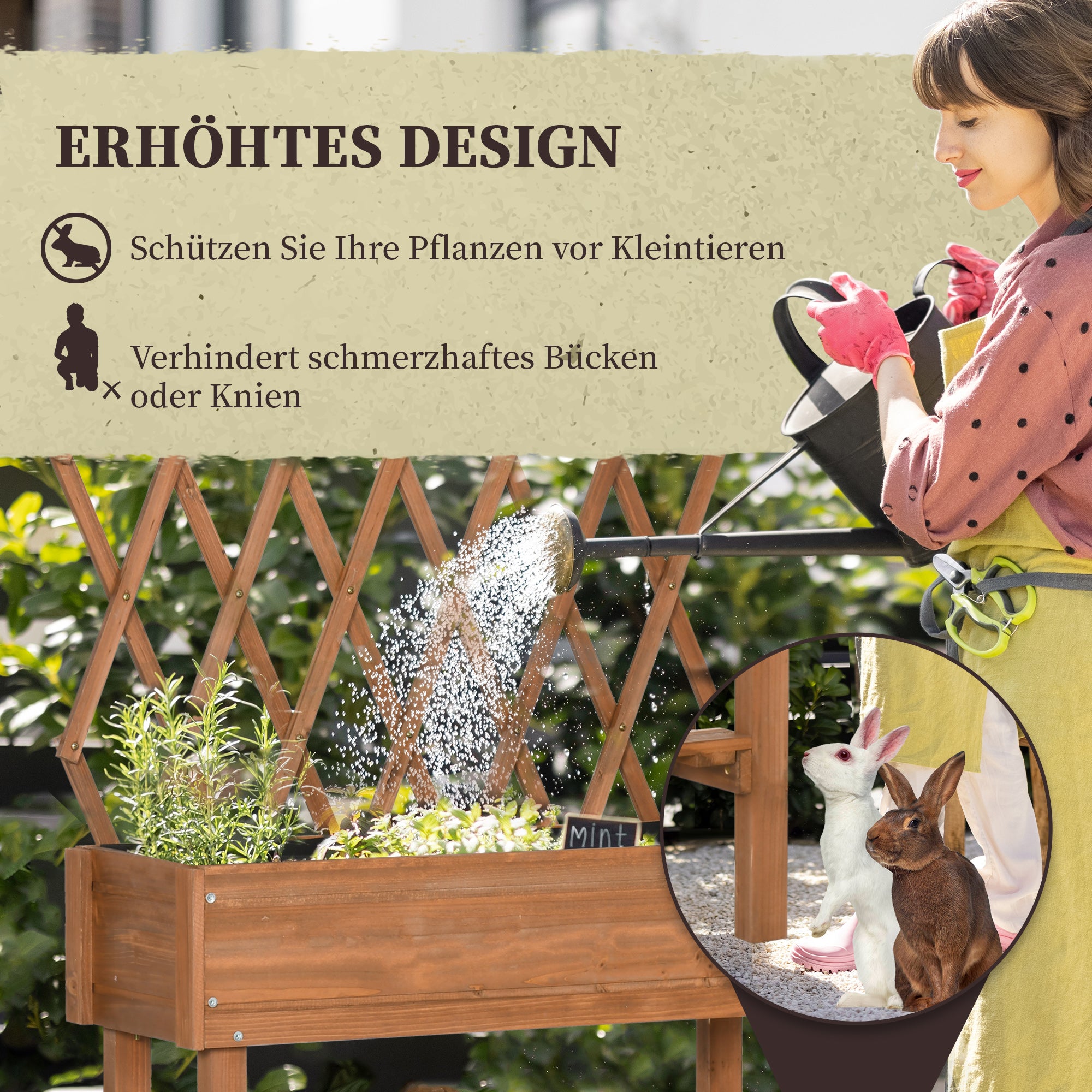 Raised Garden Bed with Trellis, Flower Box with Shelf, Plant Pot with Wheels, Planter Box for Terrace, Balcony, Solid Wood, Brown, 79 x 29 x 130 cm