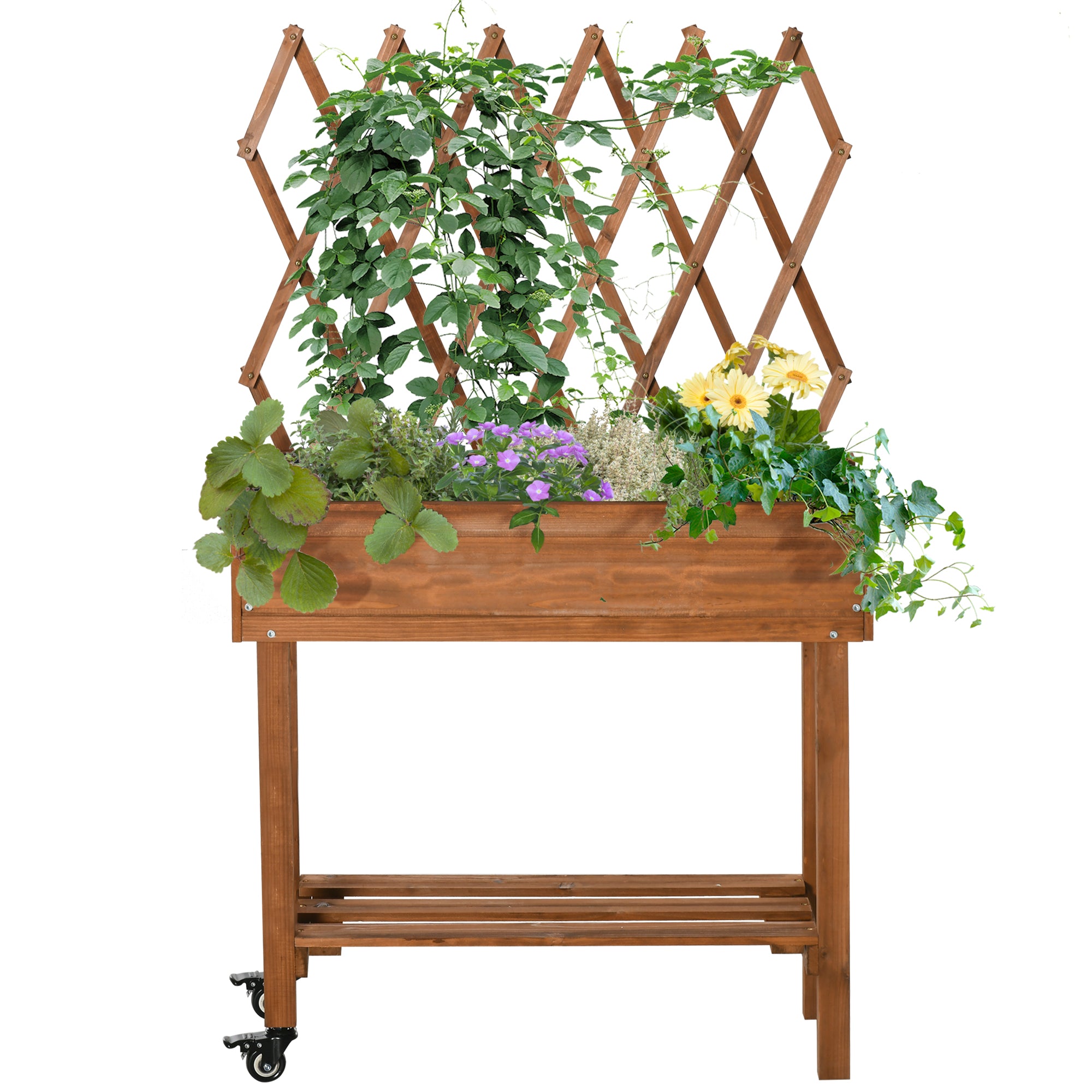 Raised Garden Bed with Trellis, Flower Box with Shelf, Plant Pot with Wheels, Planter Box for Terrace, Balcony, Solid Wood, Brown, 79 x 29 x 130 cm