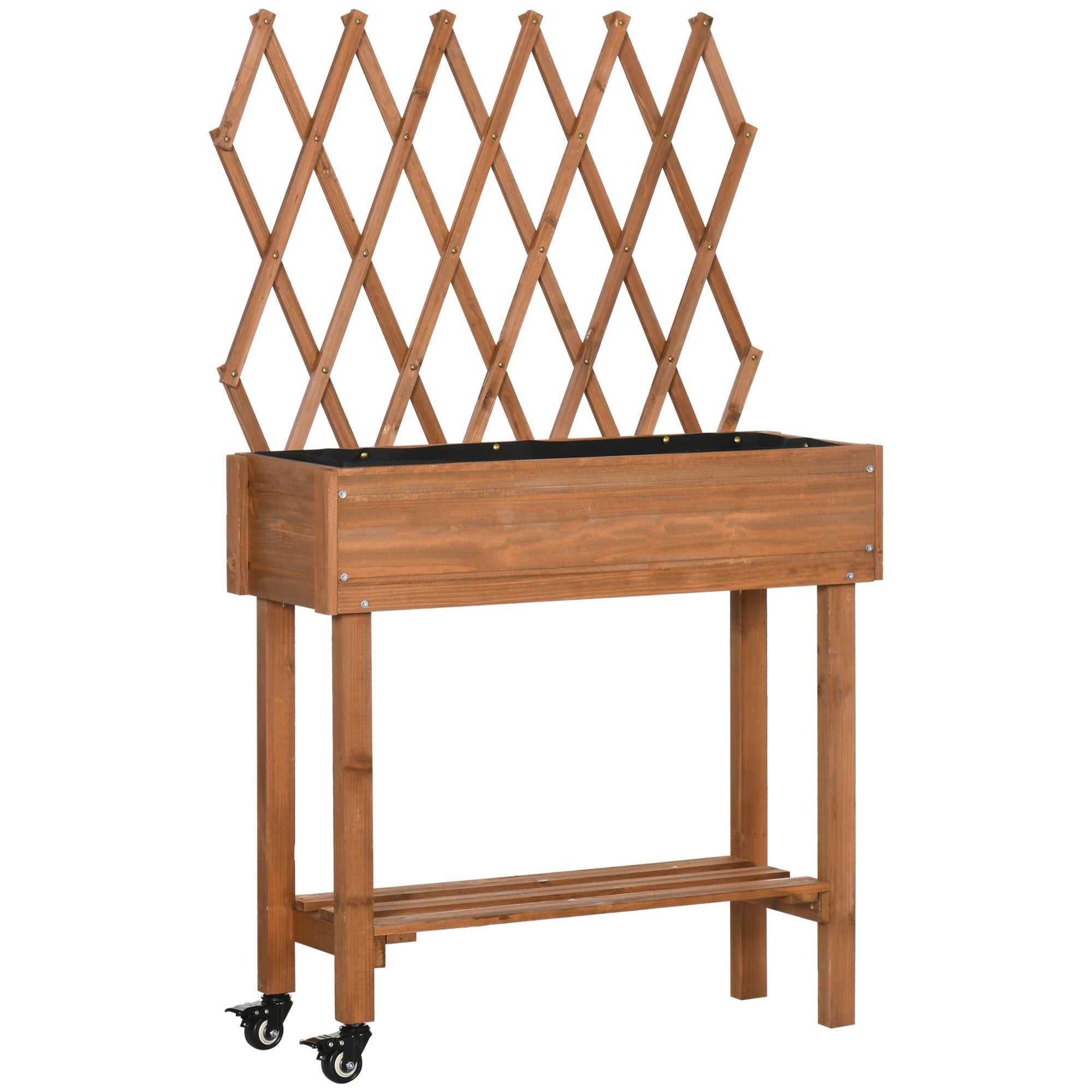 Raised Garden Bed with Trellis, Flower Box with Shelf, Plant Pot with Wheels, Planter Box for Terrace, Balcony, Solid Wood, Brown, 79 x 29 x 130 cm