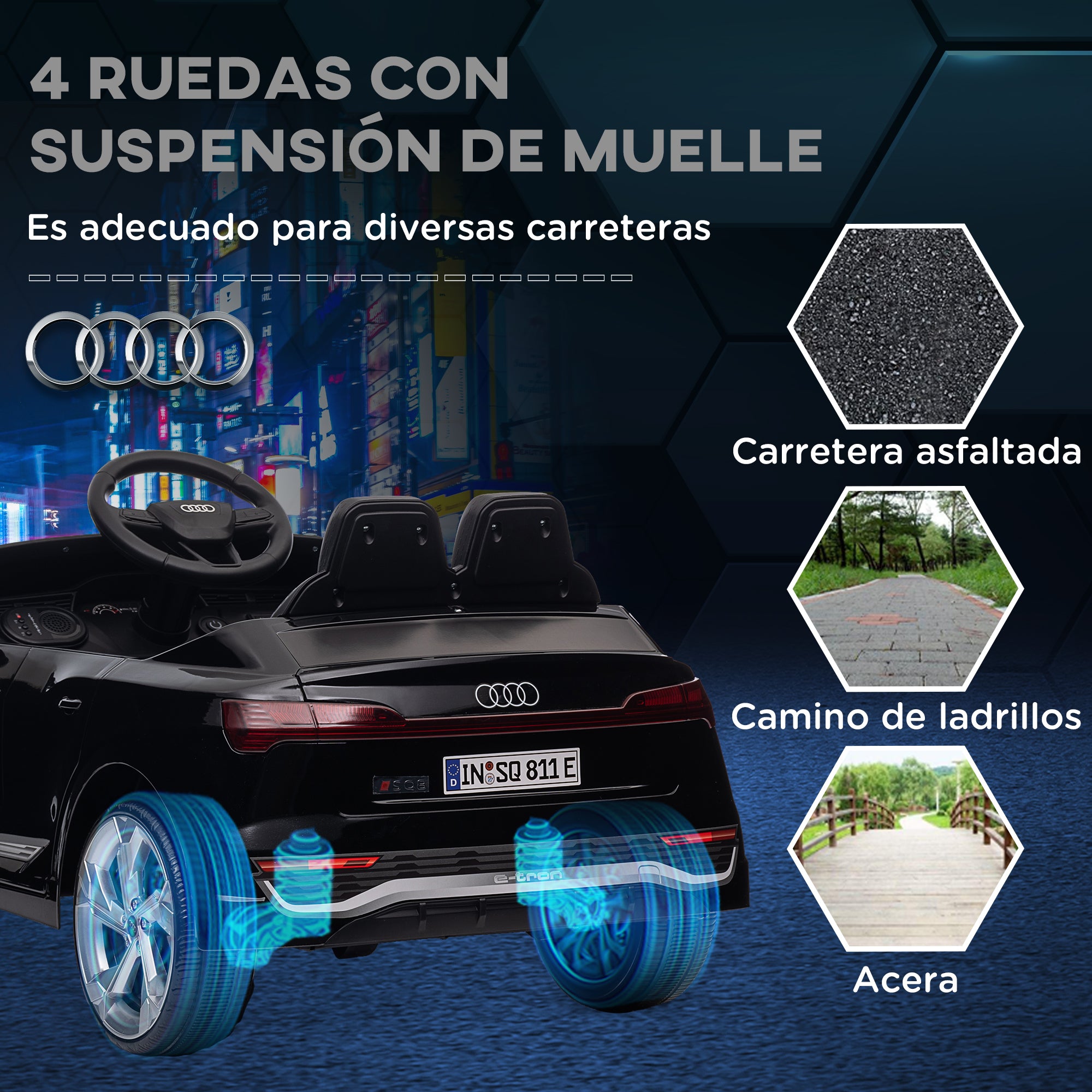 Electric Car for Kids +3 Years Audi Q8 Etron Sportback 12V Battery Remote Control Spring Suspension Wheels Bright Headlights Horn and Music Black