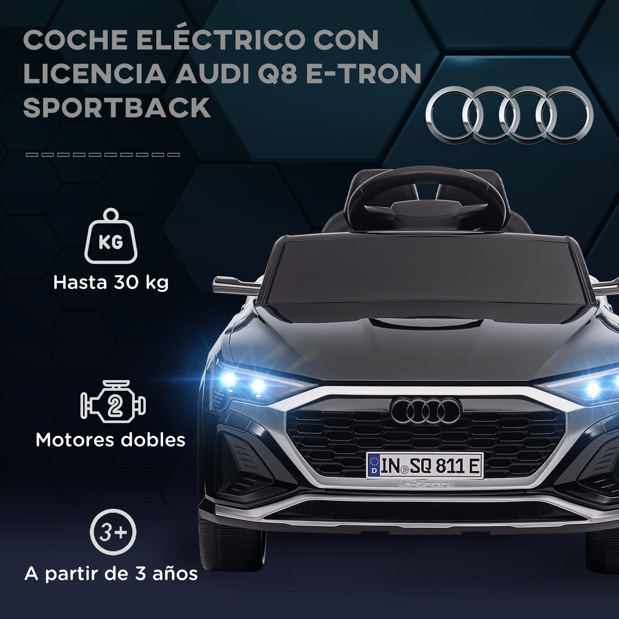 Electric Car for Kids +3 Years Audi Q8 Etron Sportback 12V Battery Remote Control Spring Suspension Wheels Bright Headlights Horn and Music Black