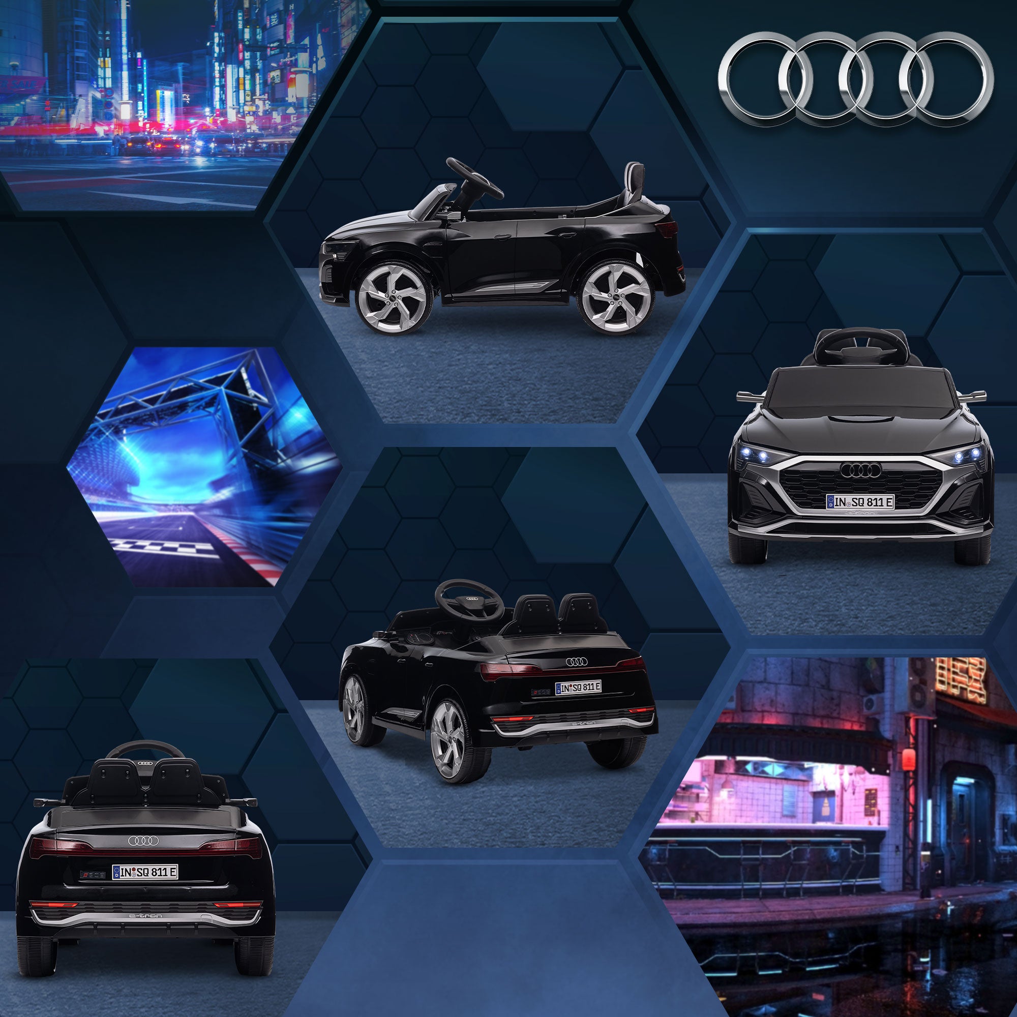 Electric Car for Kids +3 Years Audi Q8 Etron Sportback 12V Battery Remote Control Spring Suspension Wheels Bright Headlights Horn and Music Black