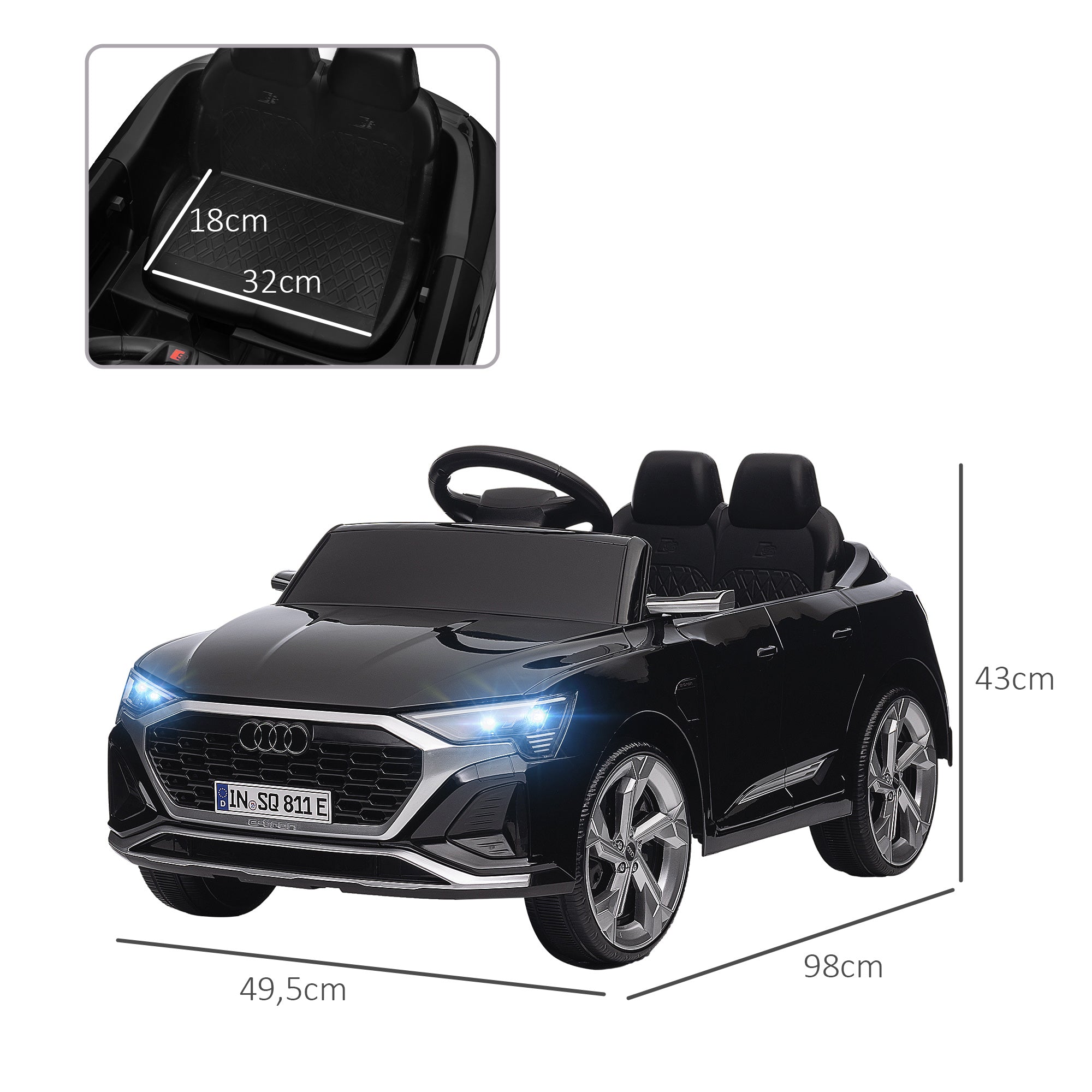 Electric Car for Kids +3 Years Audi Q8 Etron Sportback 12V Battery Remote Control Spring Suspension Wheels Bright Headlights Horn and Music Black