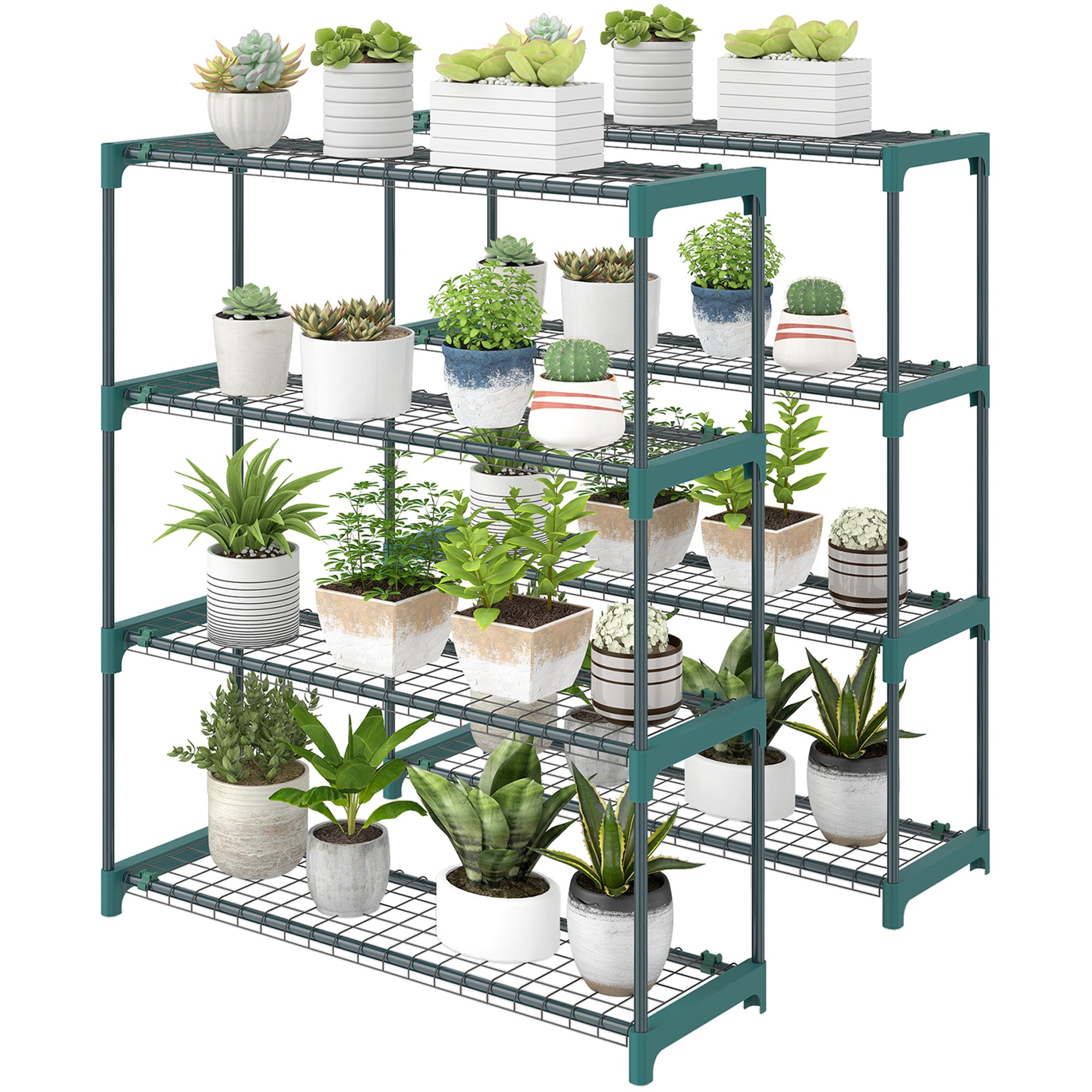 Set of 2 4-Tier Plant Stands, 40.9 in Tall — Steel Indoor/Outdoor Shelves, Multi-Level Pot Rack for Garden & Balcony, Dark Green