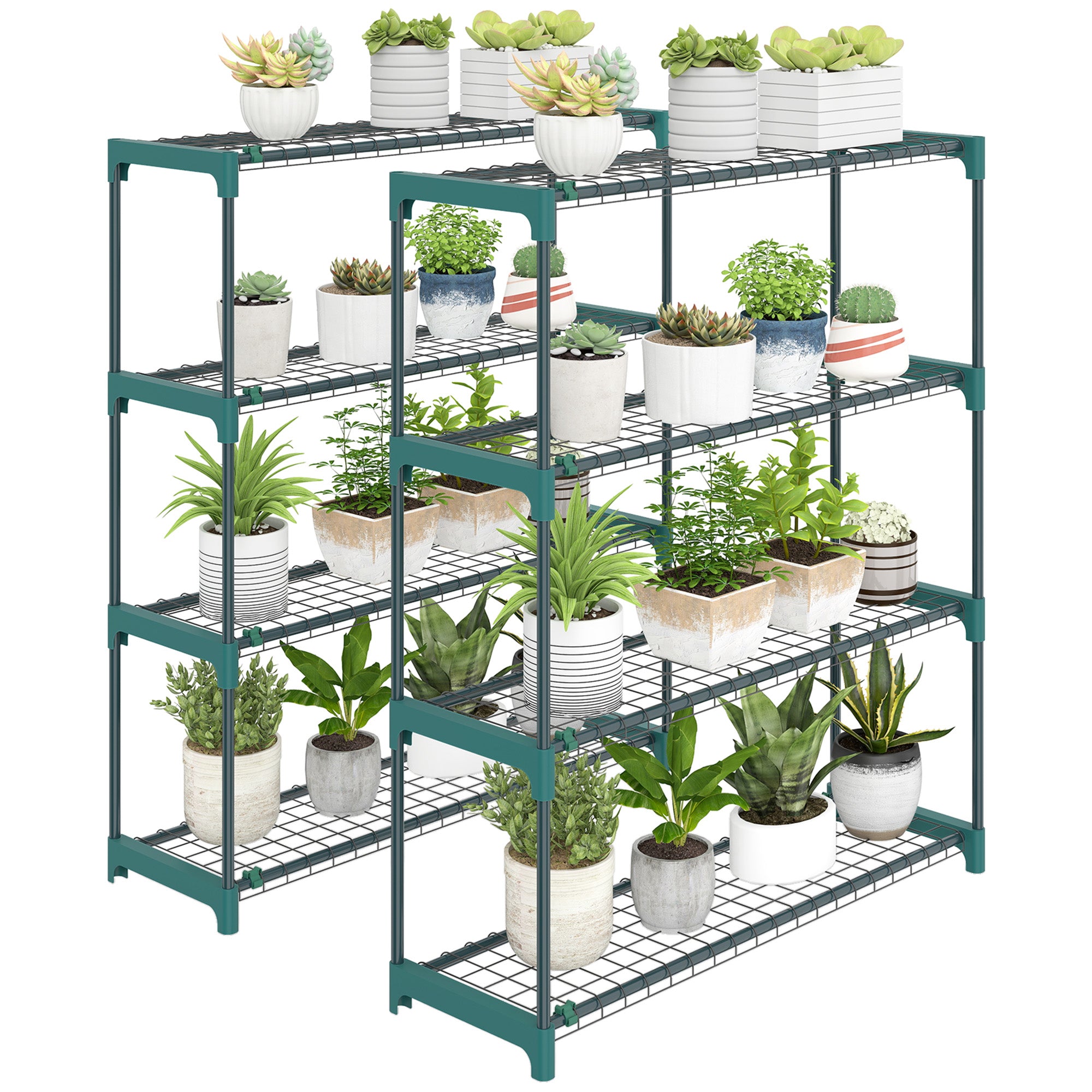 Set of 2 4-Tier Plant Stands, 40.9 in Tall — Steel Indoor/Outdoor Shelves, Multi-Level Pot Rack for Garden & Balcony, Dark Green