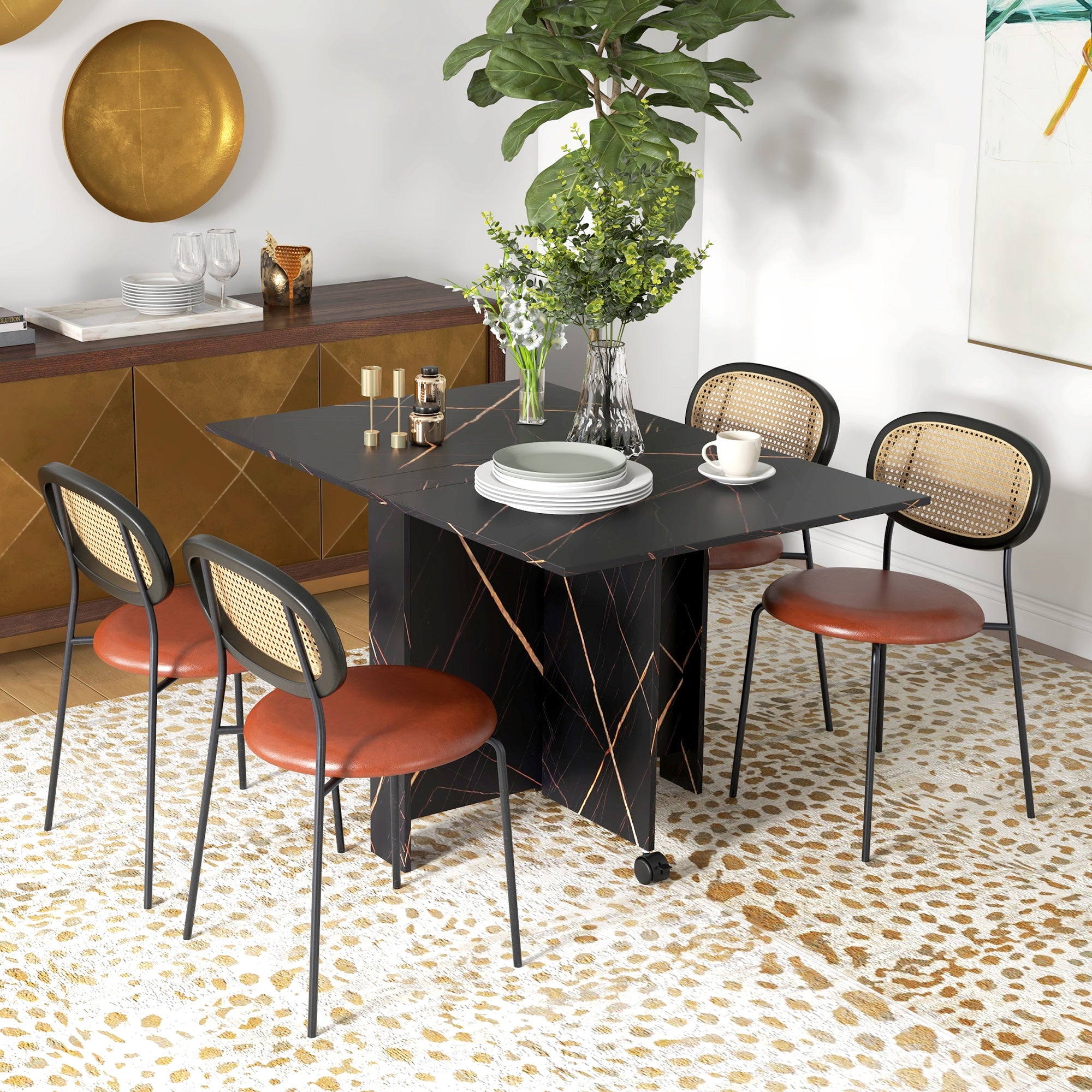 Folding Kitchen Table, Foldable Dining Table, with 2 Drop Leaves, 2 Wheels with Brakes, for 6 People, Load 20 kg, 120 x 80 x 73 cm, Marbled Black Imitation