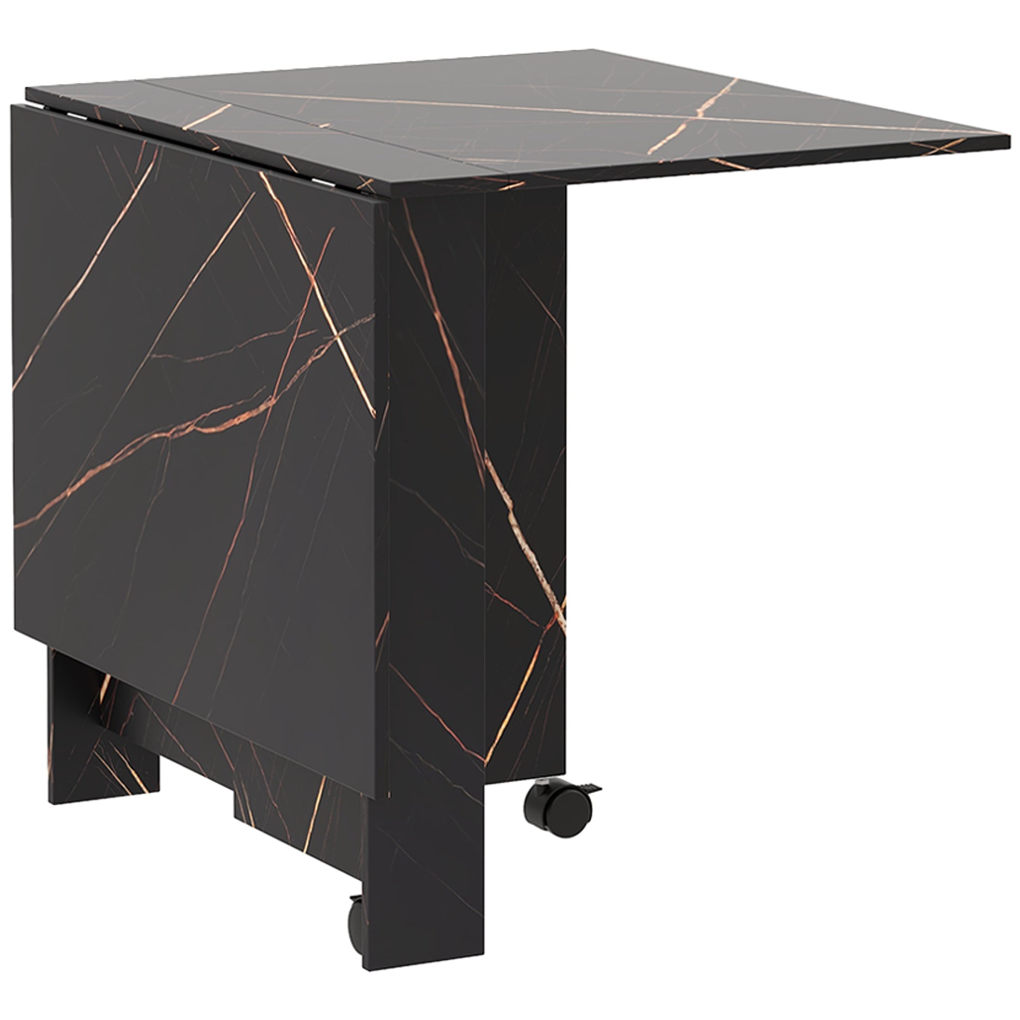 Folding Kitchen Table, Foldable Dining Table, with 2 Drop Leaves, 2 Wheels with Brakes, for 6 People, Load 20 kg, 120 x 80 x 73 cm, Marbled Black Imitation