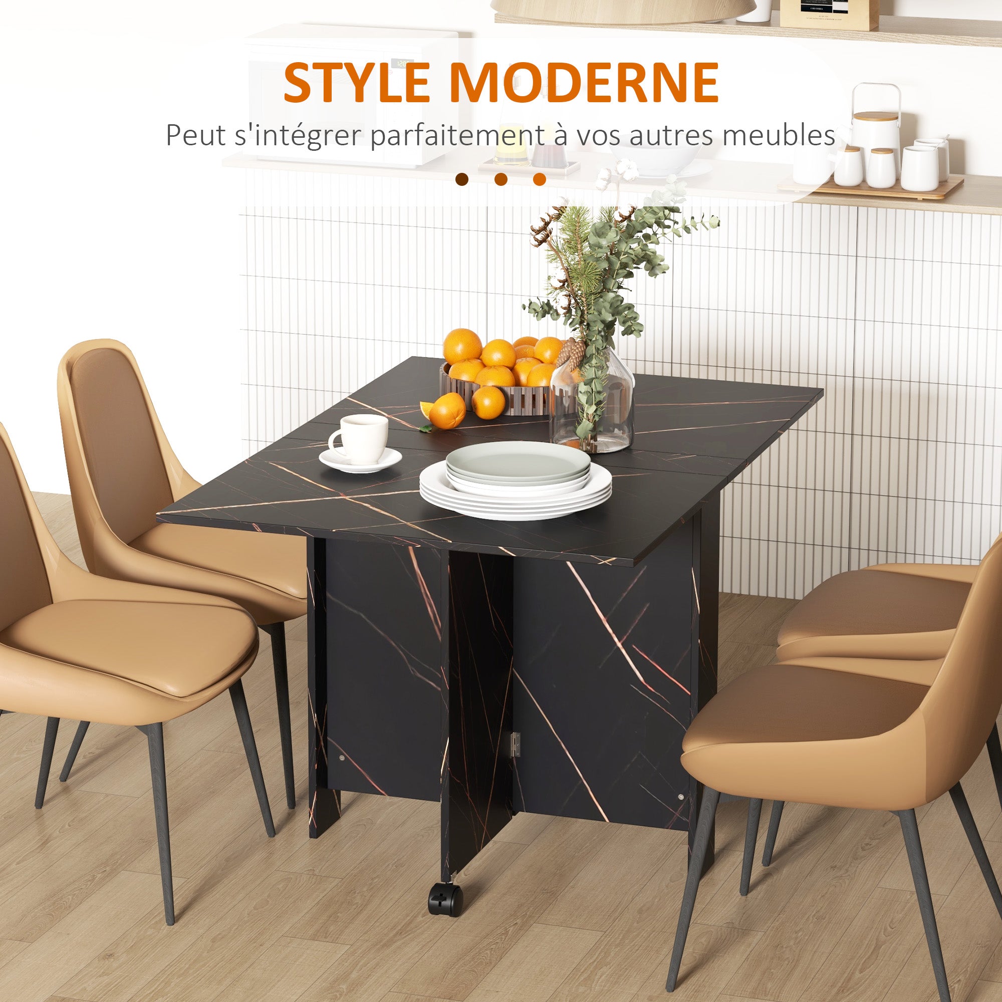 Folding Kitchen Table, Foldable Dining Table, with 2 Drop Leaves, 2 Wheels with Brakes, for 6 People, Load 20 kg, 120 x 80 x 73 cm, Marbled Black Imitation