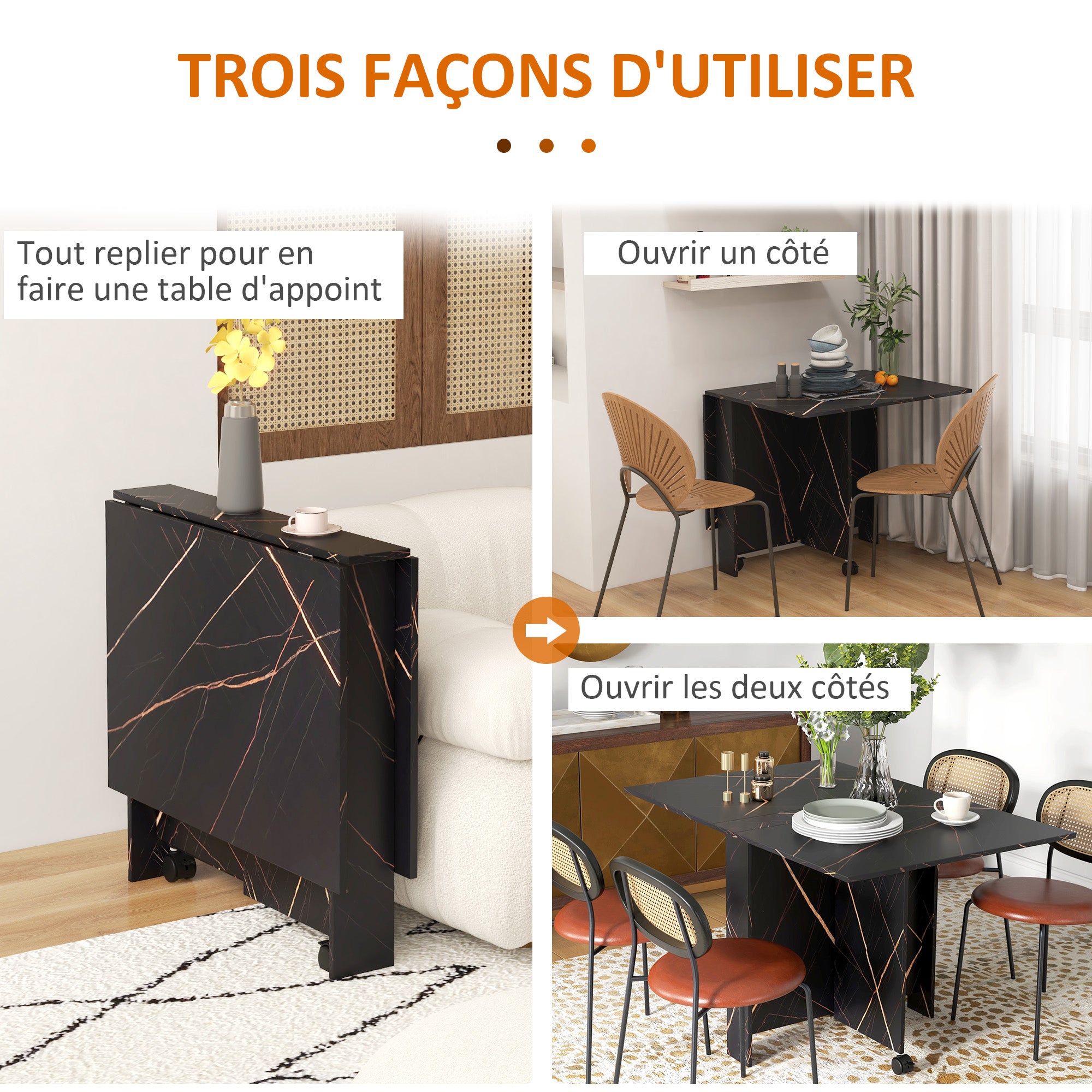 Folding Kitchen Table, Foldable Dining Table, with 2 Drop Leaves, 2 Wheels with Brakes, for 6 People, Load 20 kg, 120 x 80 x 73 cm, Marbled Black Imitation