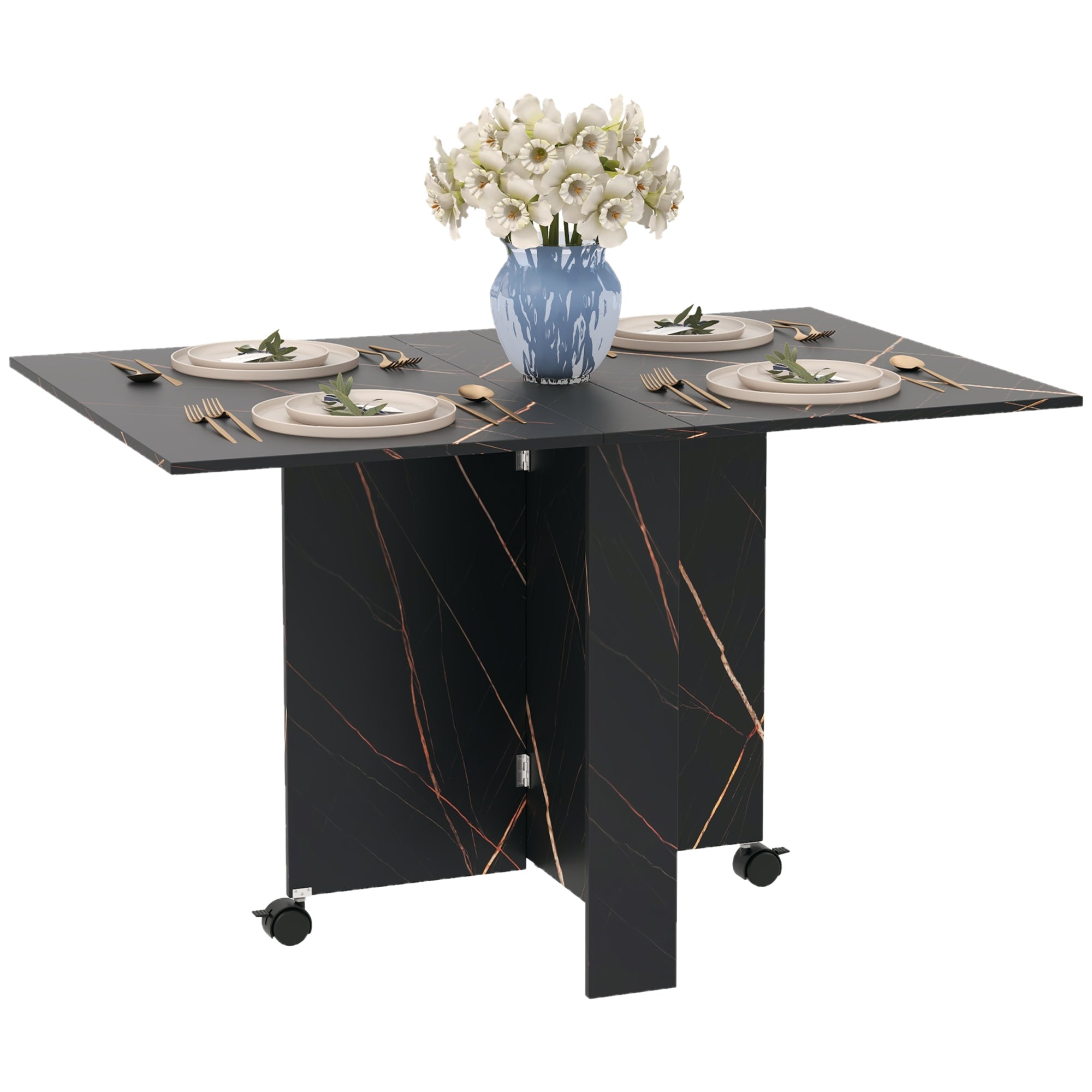 Folding Kitchen Table, Foldable Dining Table, with 2 Drop Leaves, 2 Wheels with Brakes, for 6 People, Load 20 kg, 120 x 80 x 73 cm, Marbled Black Imitation