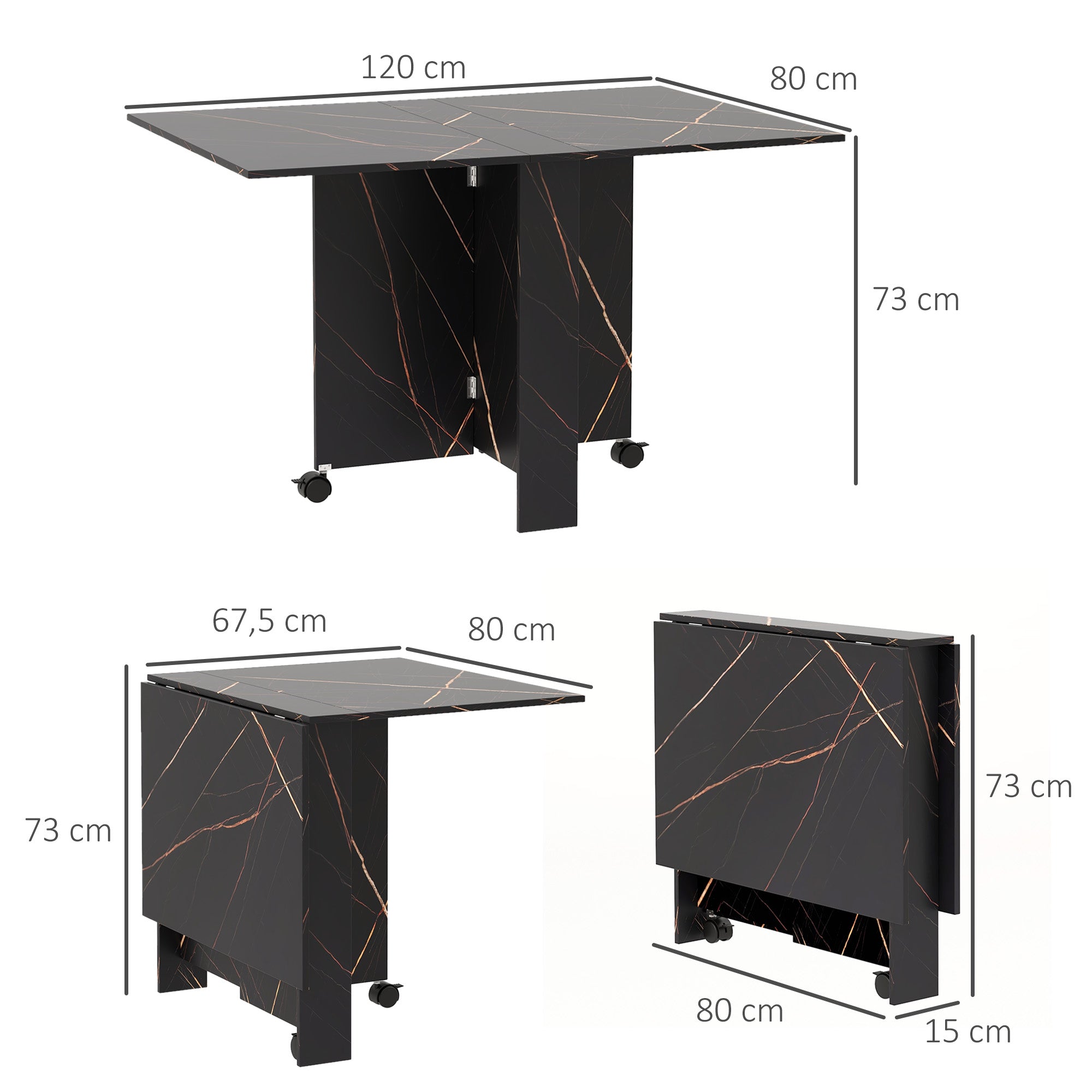 Folding Kitchen Table, Foldable Dining Table, with 2 Drop Leaves, 2 Wheels with Brakes, for 6 People, Load 20 kg, 120 x 80 x 73 cm, Marbled Black Imitation