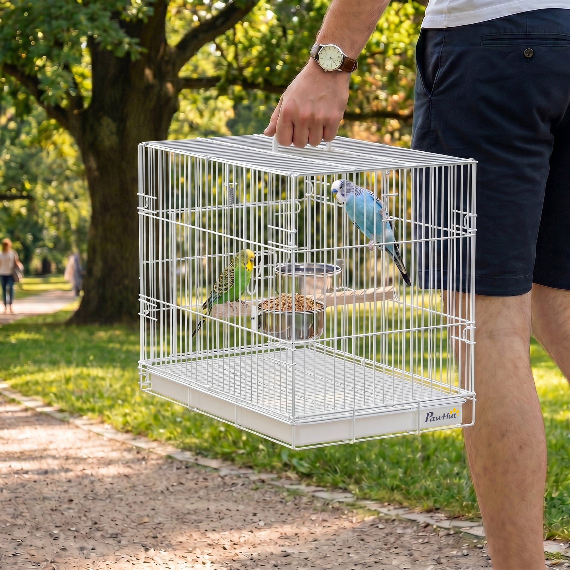 Collapsible Bird Cage with Wooden Perch, 2 Stainless Bowls & Carry Handle — Steel Cage with Removable Tray for Budgies & Cockatiels, White, 49 x 31 x 40 cm (19.3 x 12.2 x 15.7 in)