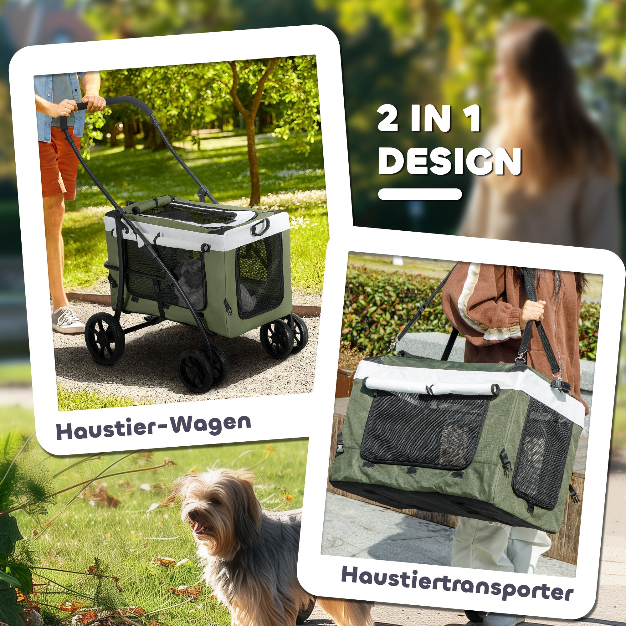 2 in 1 Dog Stroller Pet Buggy Foldable for Dogs & Cats up to 10 kg Cat Buggy with Cushion Mesh Windows Doors Storage Basket Cat Carriage Buggy Dark Green