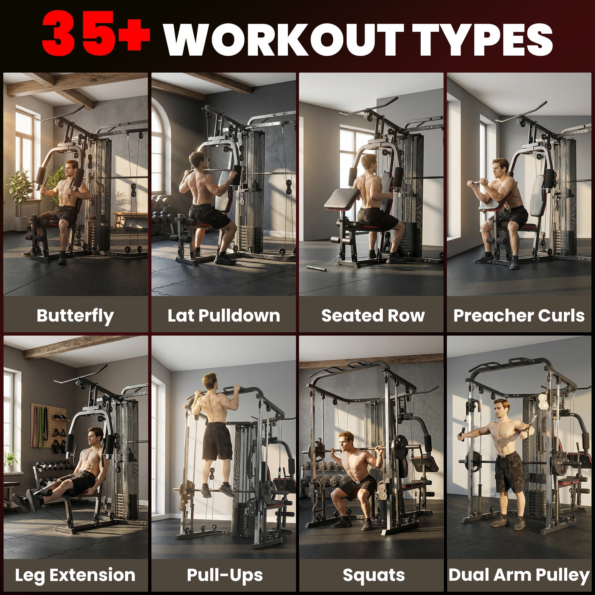 SPORTNOW Multi-Station Home Gym with 143 lb Weight Stack, Smith Machine, Lat Pulldown, Adjustable Preacher Bench & Leg Trainer — Supports up to 265 lb