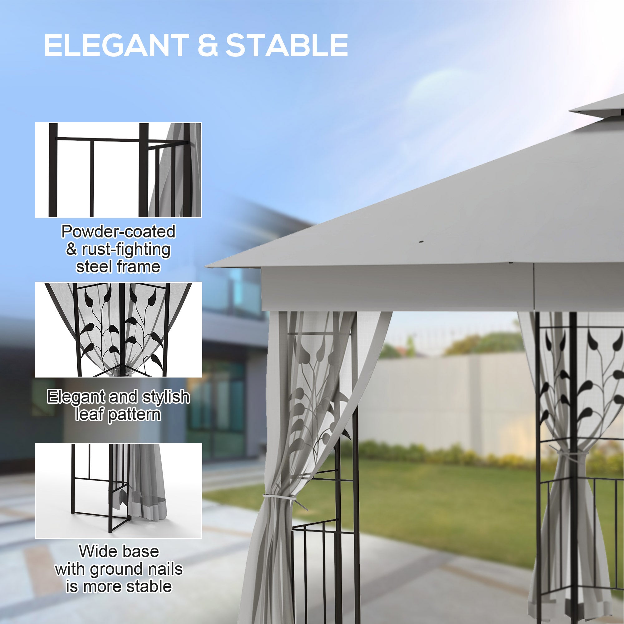 3 x 3 m Double-Roof Gazebo — Water-Repellent, Sturdy, Winter-Resistant Garden Gazebo with Mosquito Net, Steel Frame, Light Gray