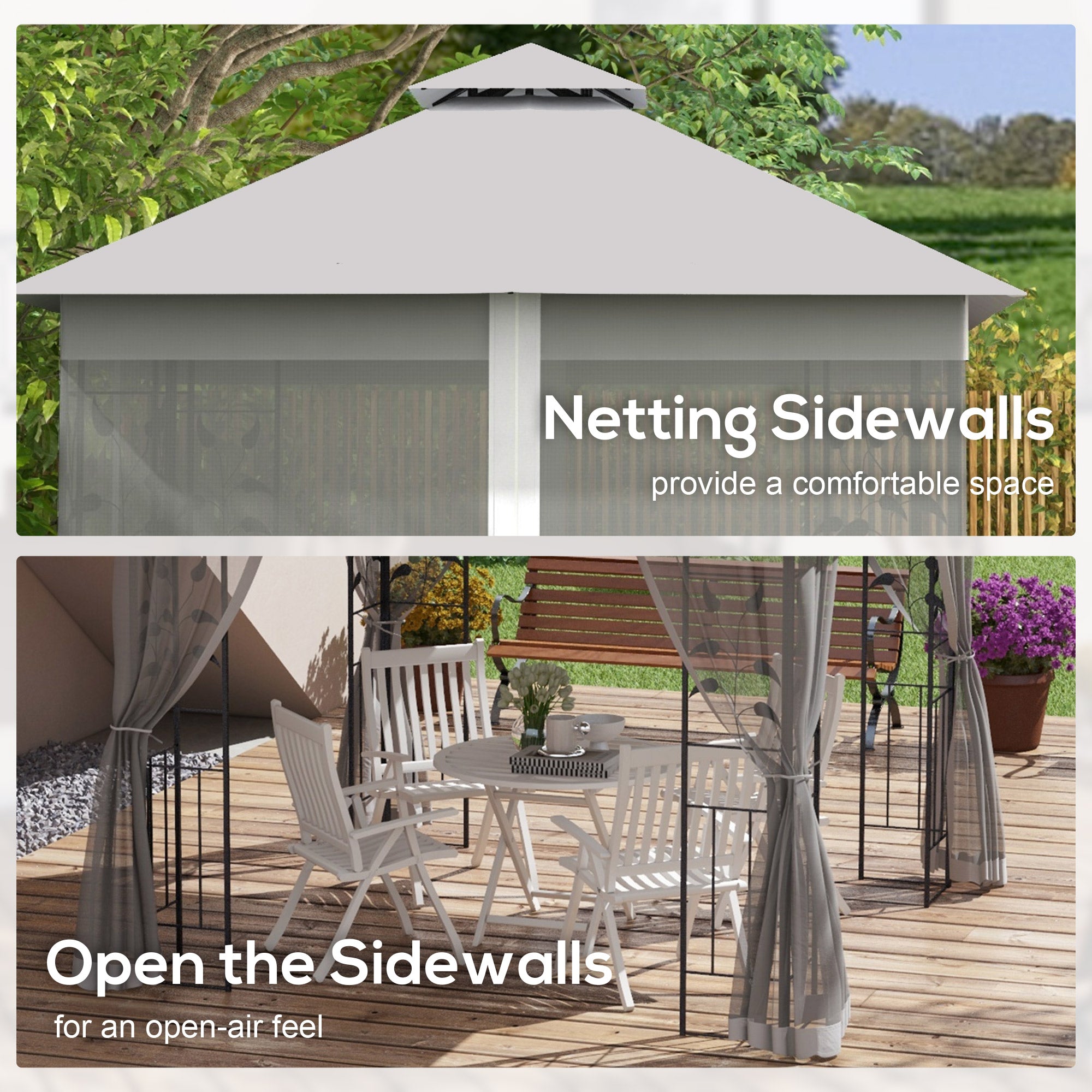 3 x 3 m Double-Roof Gazebo — Water-Repellent, Sturdy, Winter-Resistant Garden Gazebo with Mosquito Net, Steel Frame, Light Gray