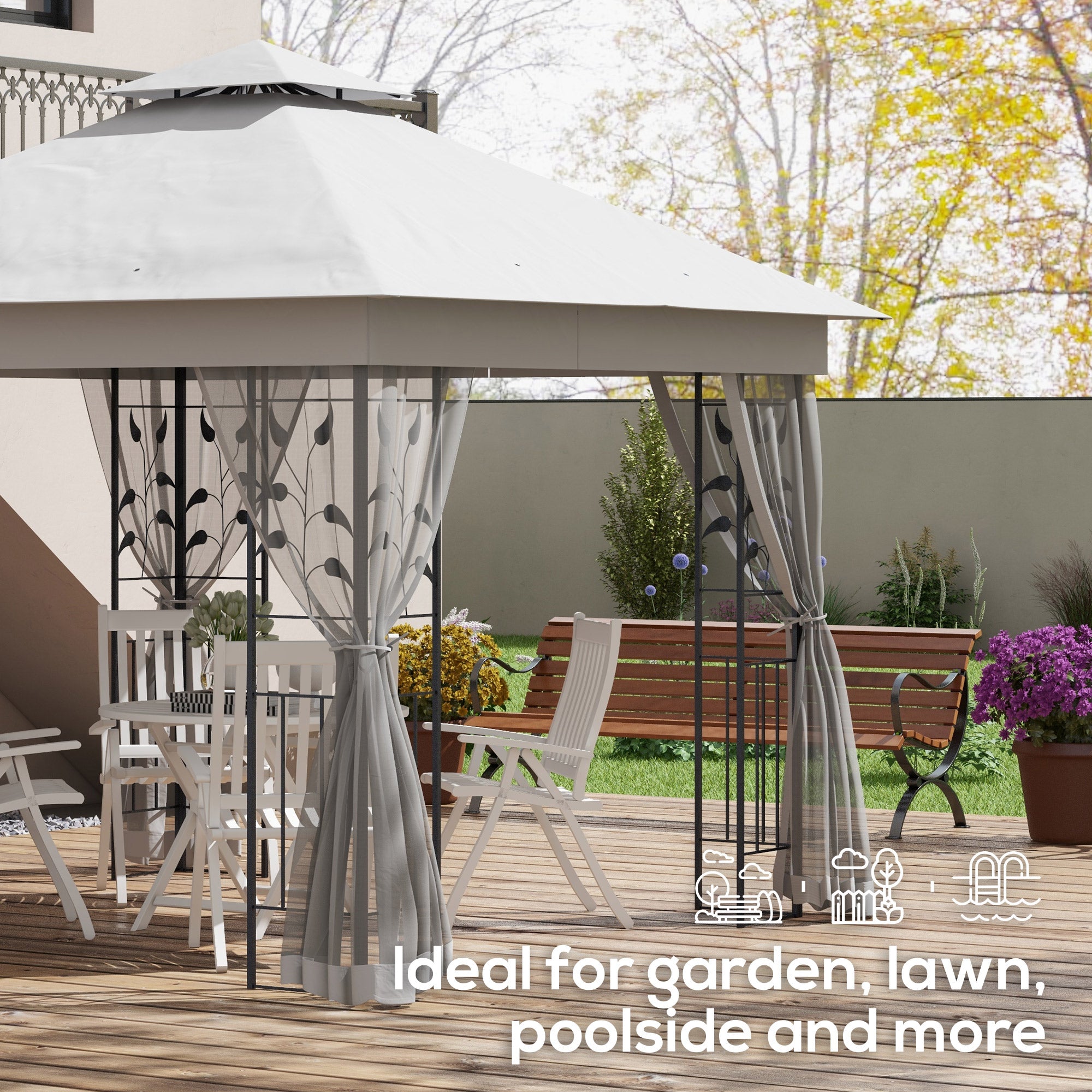 3 x 3 m Double-Roof Gazebo — Water-Repellent, Sturdy, Winter-Resistant Garden Gazebo with Mosquito Net, Steel Frame, Light Gray
