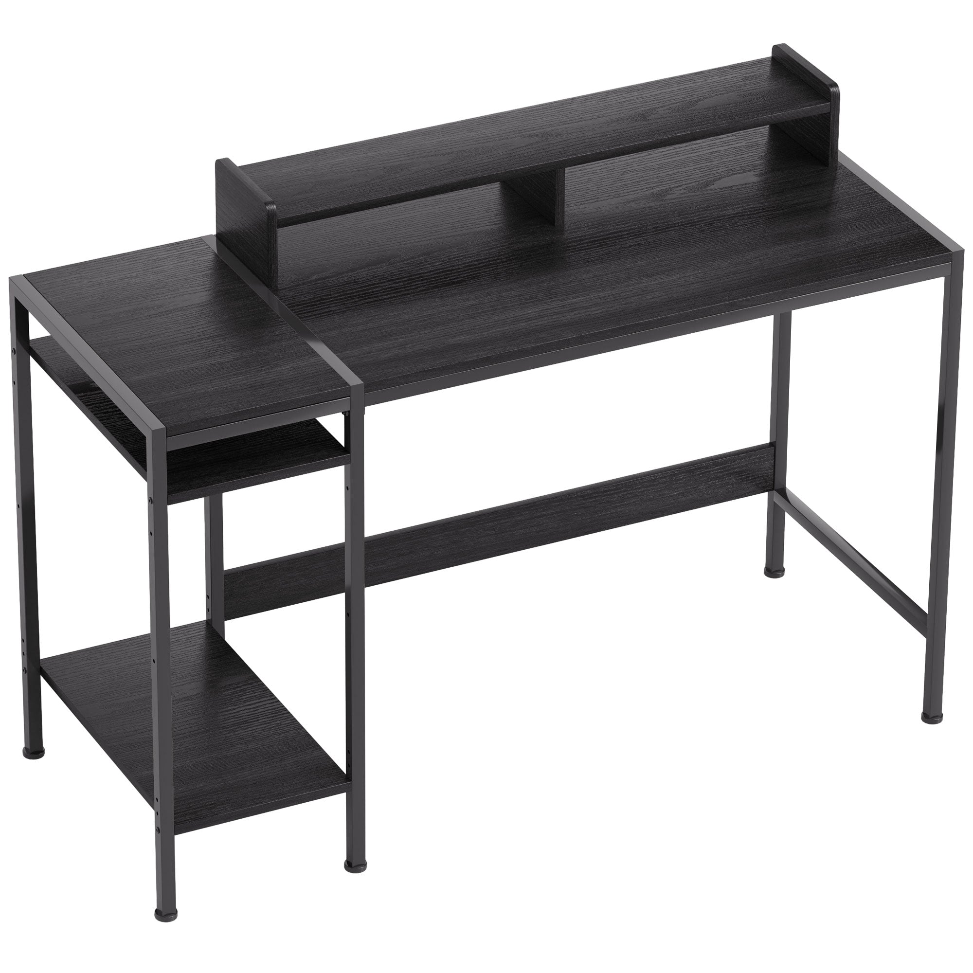 PC Desk with Reversible Shelves, Computer Desk with Monitor Stand and 2 Adjustable Shelves, Modern Wood and Steel Desk, 120x48x85.5 cm, Black