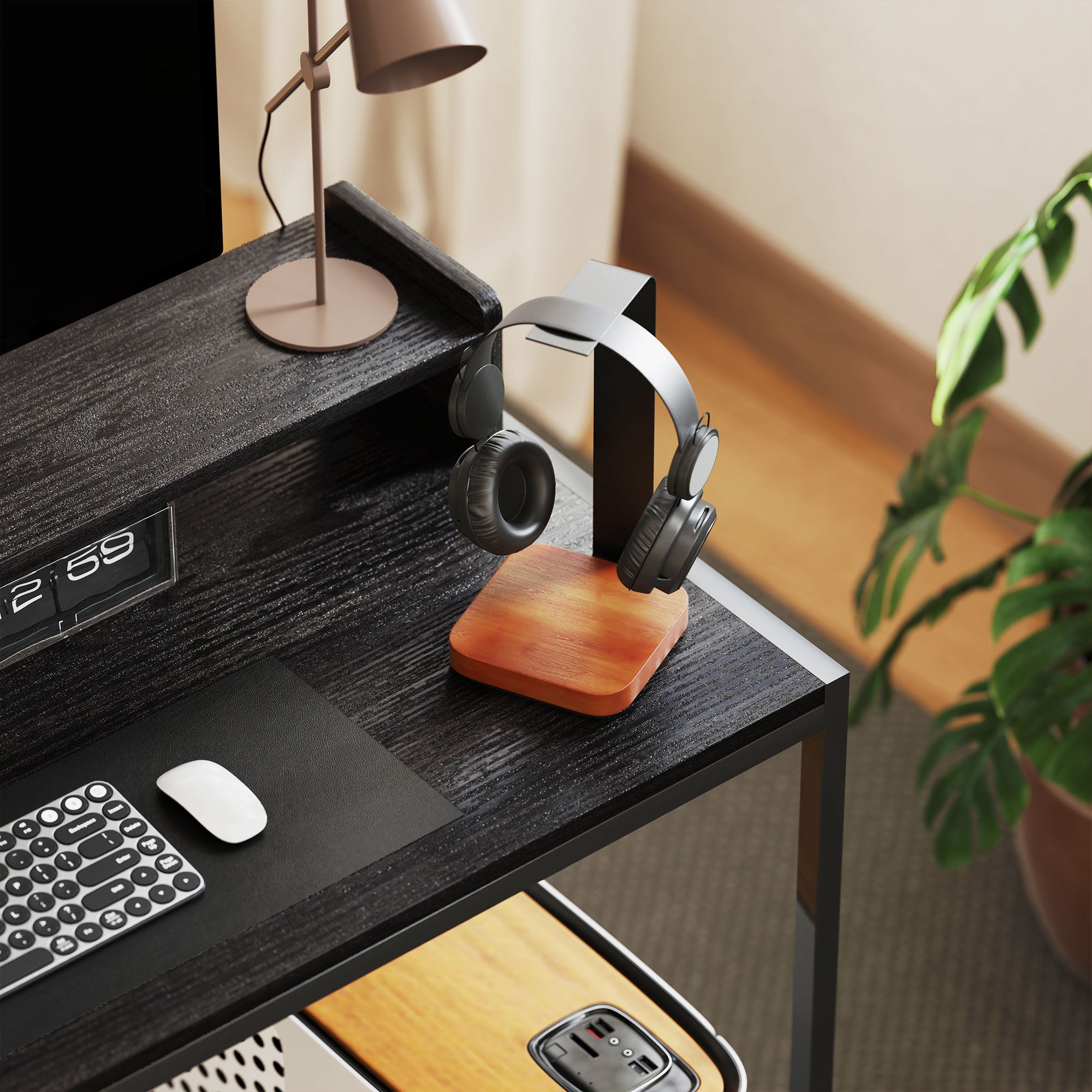 PC Desk with Reversible Shelves, Computer Desk with Monitor Stand and 2 Adjustable Shelves, Modern Wood and Steel Desk, 120x48x85.5 cm, Black