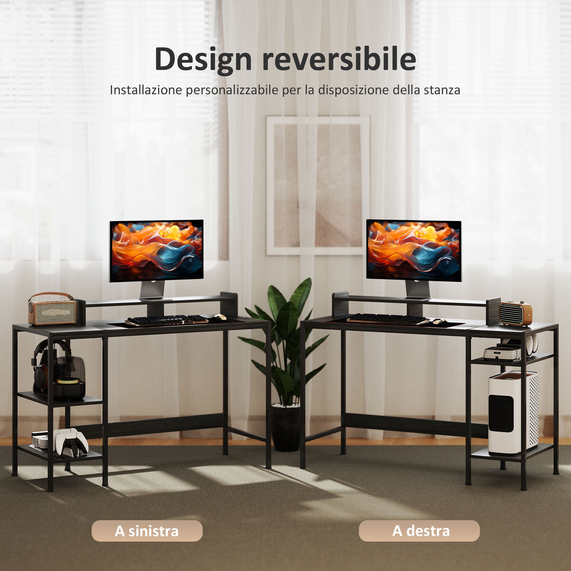 PC Desk with Reversible Shelves, Computer Desk with Monitor Stand and 2 Adjustable Shelves, Modern Wood and Steel Desk, 120x48x85.5 cm, Black