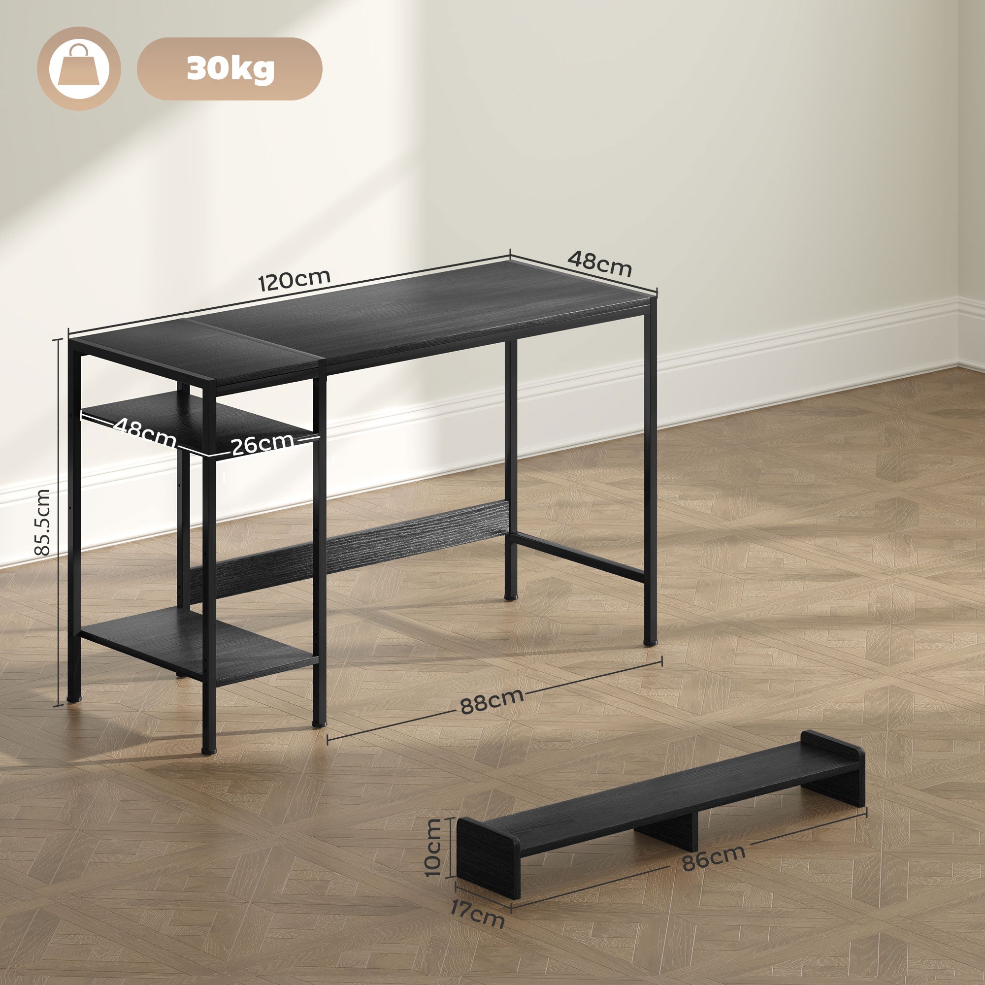 PC Desk with Reversible Shelves, Computer Desk with Monitor Stand and 2 Adjustable Shelves, Modern Wood and Steel Desk, 120x48x85.5 cm, Black
