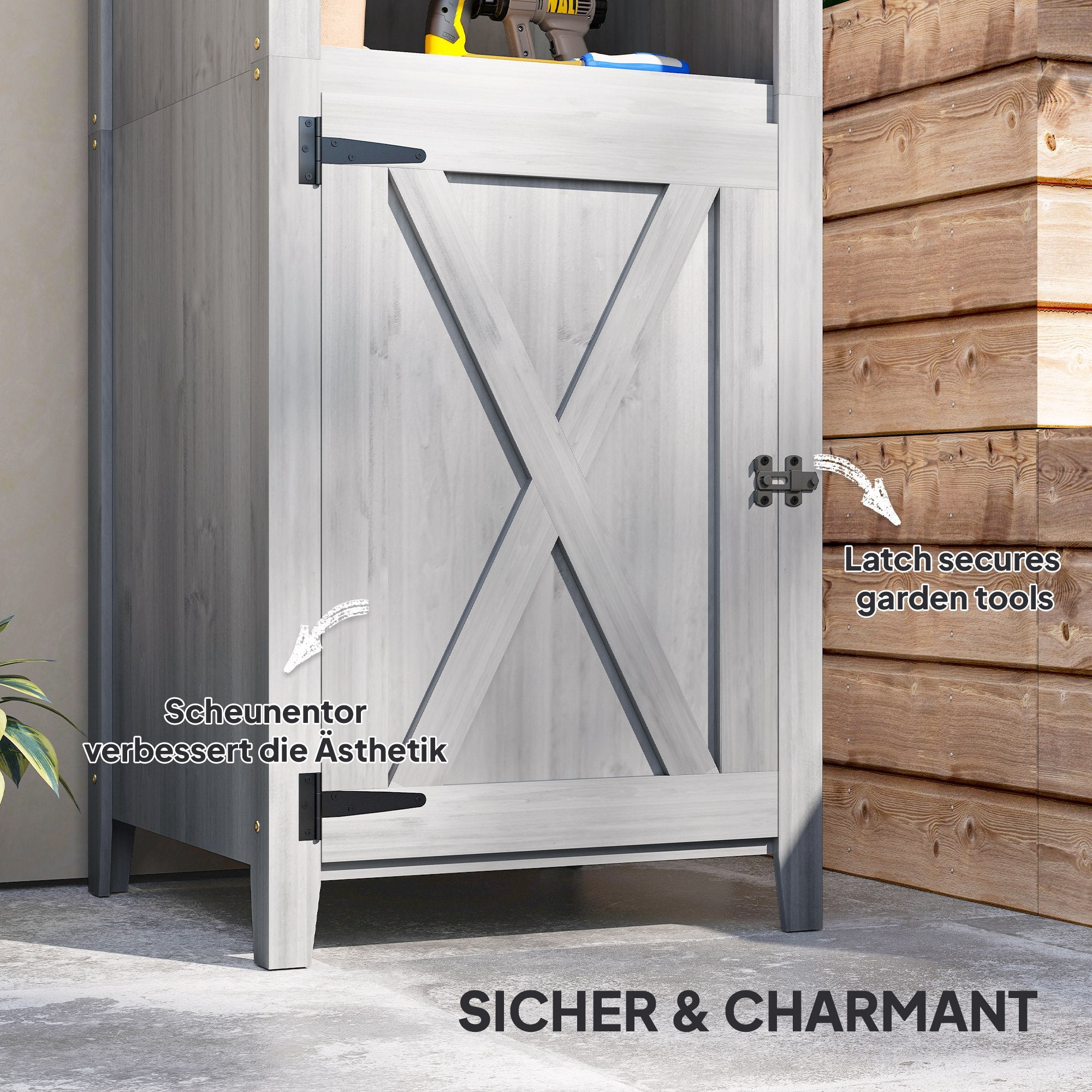 Garden Cabinet Wood, Weatherproof Tool Shed 60x60x160cm, Tool Shed with Door, Adjustable Shelves, Lockable Tool Cabinet, Garden Shed for Garden, Patio, Backyard, Light Grey