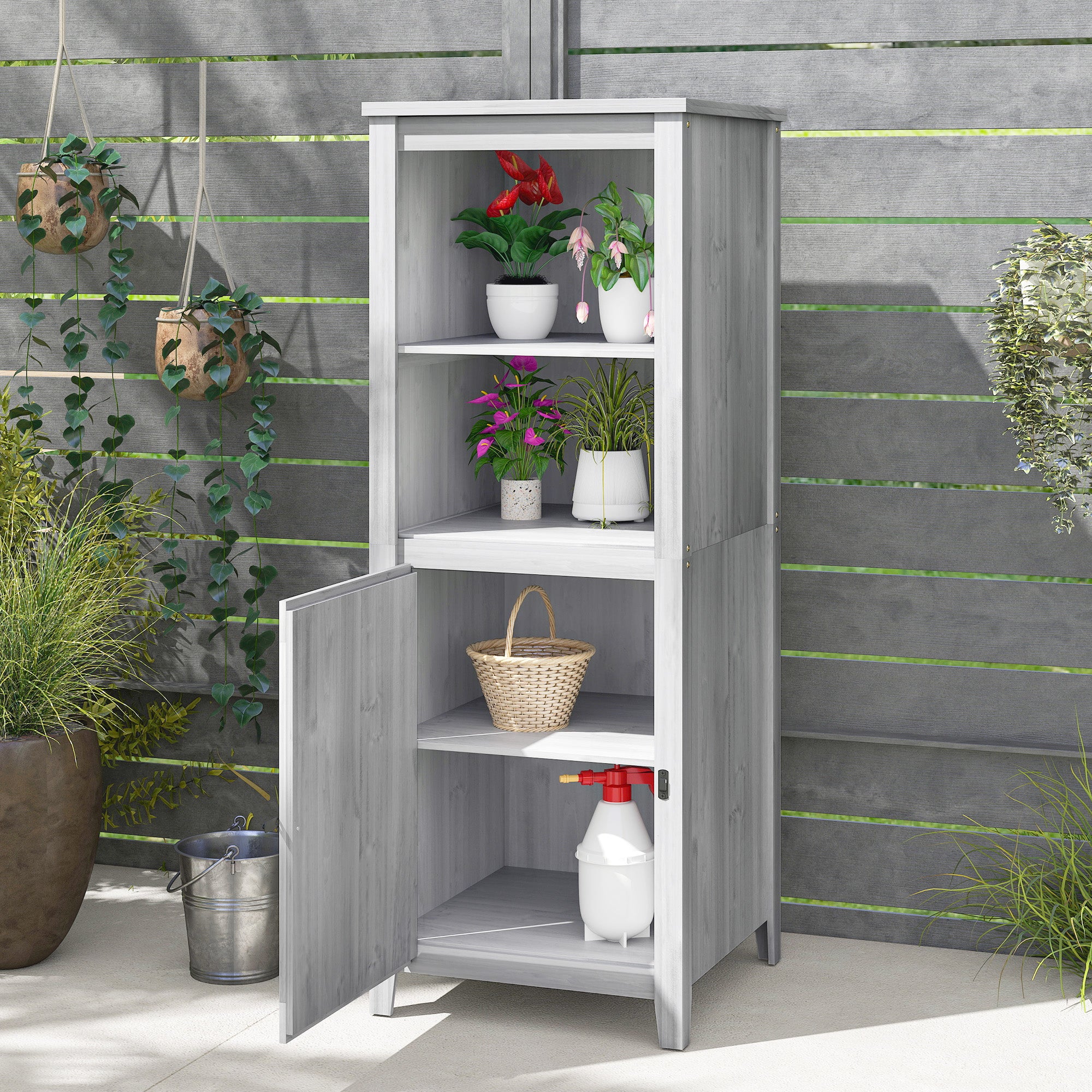 Garden Cabinet Wood, Weatherproof Tool Shed 60x60x160cm, Tool Shed with Door, Adjustable Shelves, Lockable Tool Cabinet, Garden Shed for Garden, Patio, Backyard, Light Grey