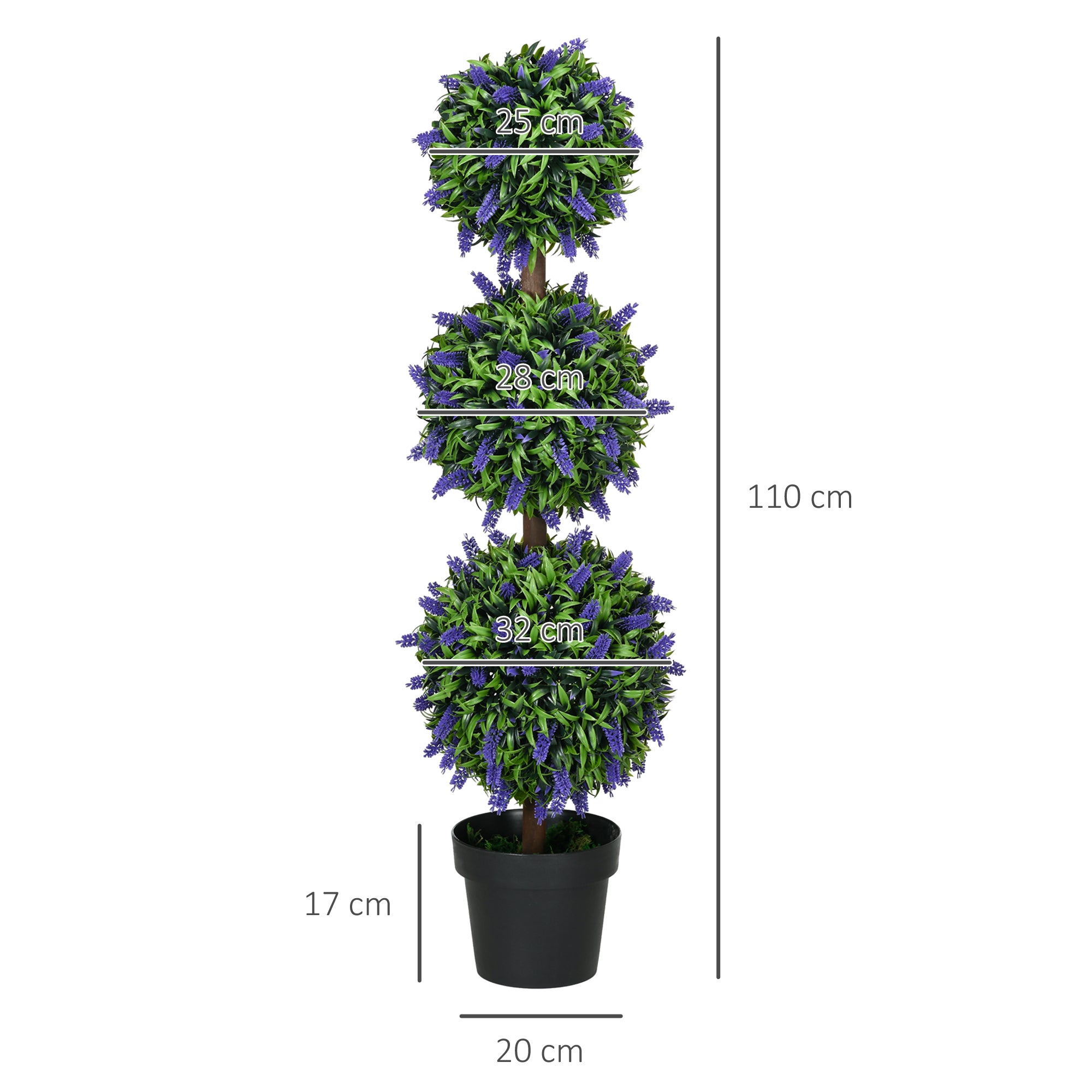 Set of 2 Large Artificial Lavender Trees 110 cm Artificial Plants, Plastic Artificial Plants in Pots, UV Resistant Artificial Flowers with 3 Balls for Living Room Bedroom Office Garden