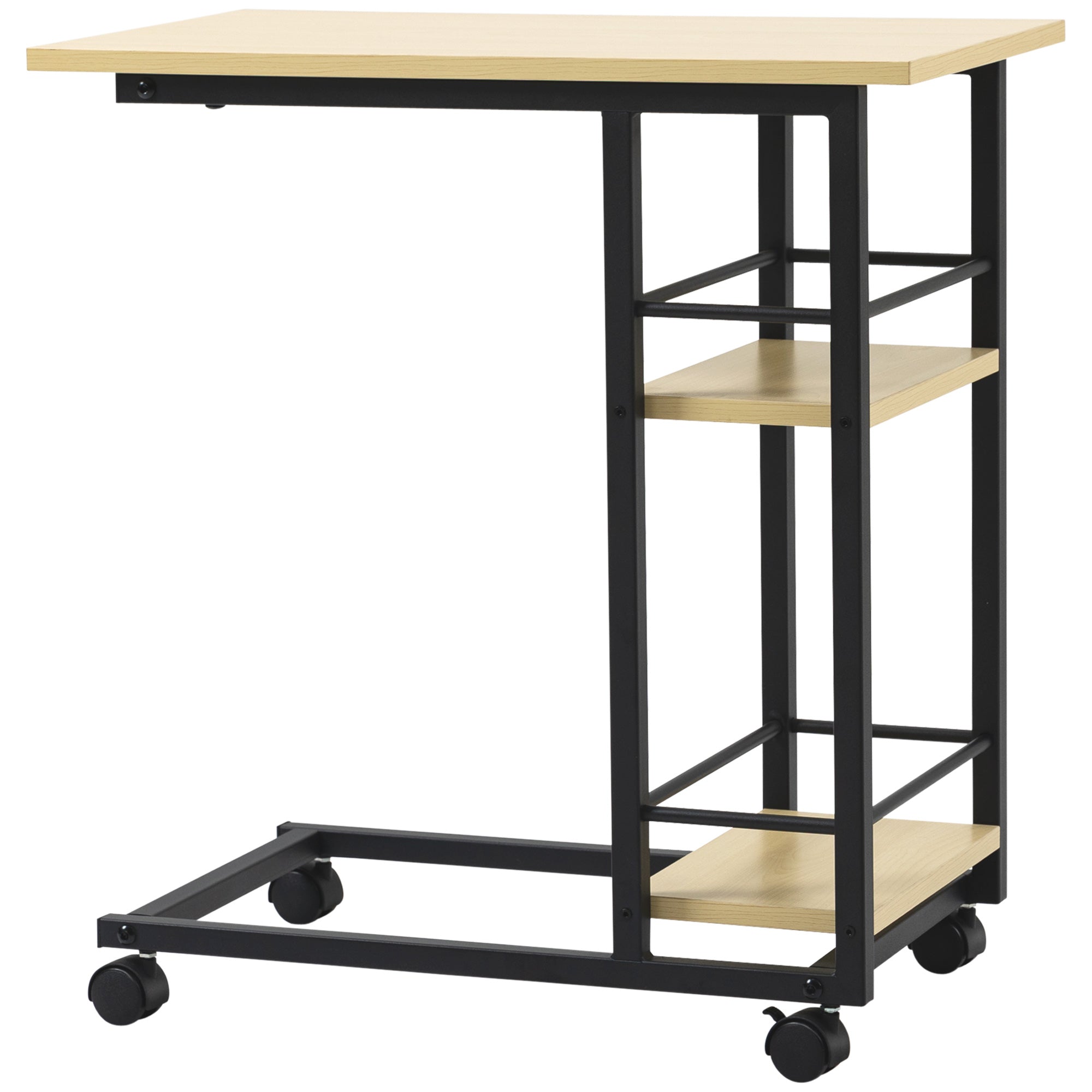 Side Table with Wheels C-Shaped End Table for Sofa Bed with 2 Shelves and Brakes for Bedroom Living Room Modern Style 60x34.5x64.5 cm Natural